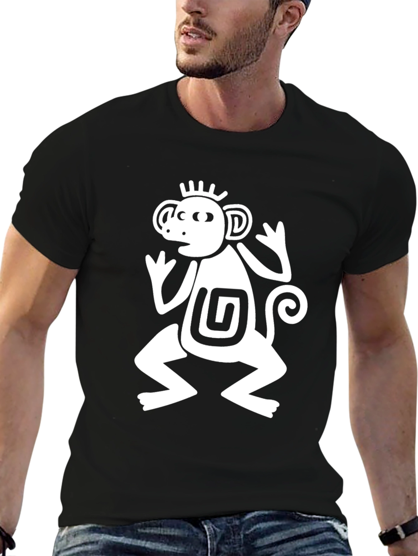 Black Aztec Monkey Graphic T-Shirt - Black Crew Neck Tee view 6