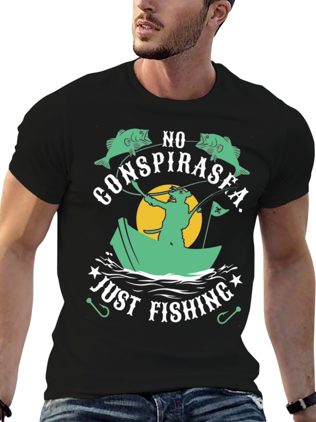 Black No Conspirasea Just Fishing T-Shirt view 6