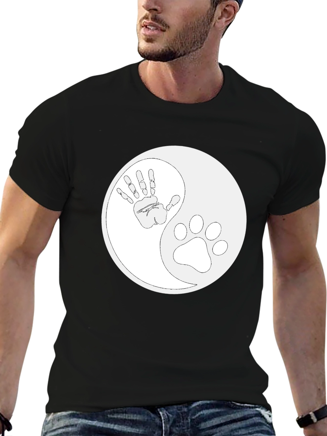 Black Yin Yang Hand and Paw Print T-Shirt view 6