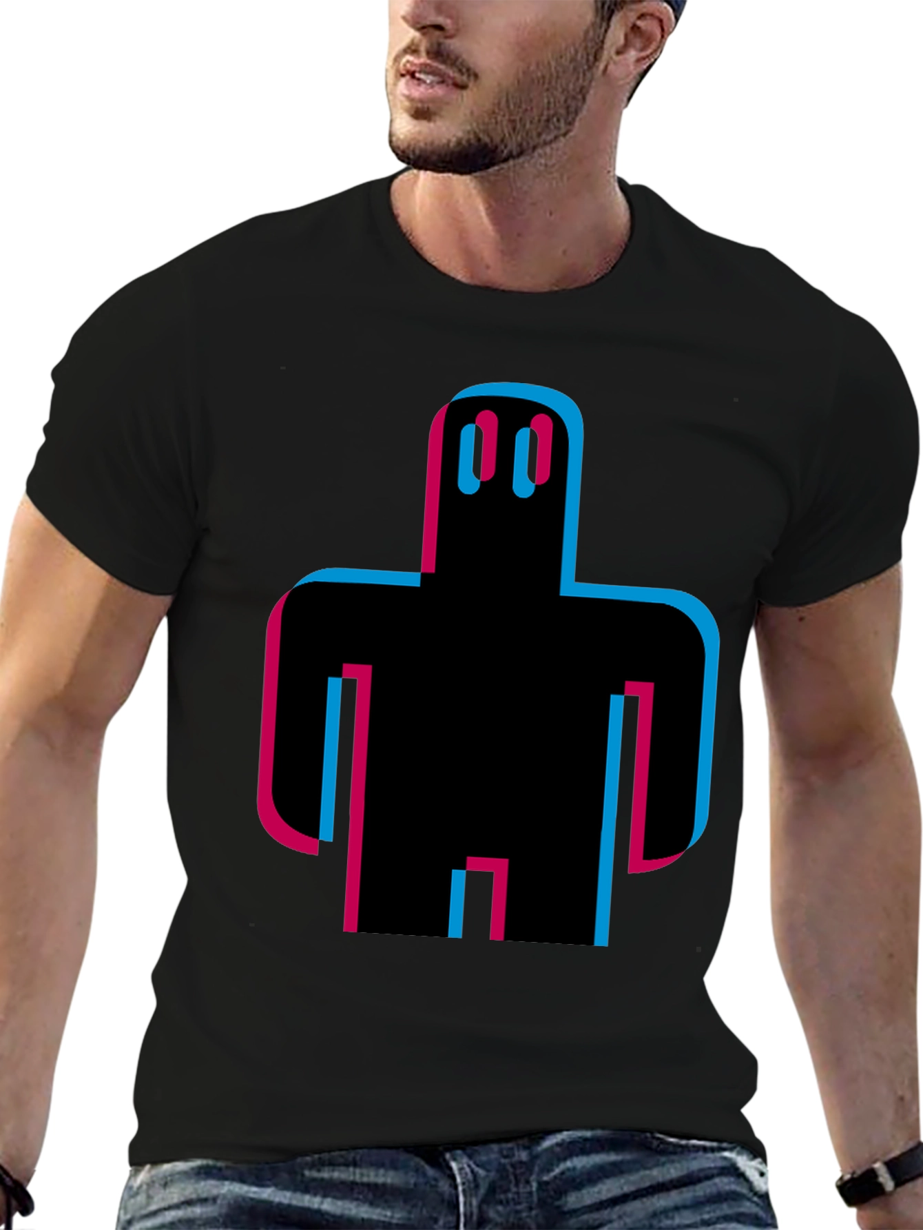 Black Abstract Robot Graphic Tee - Black Cotton T-Shirt view 6