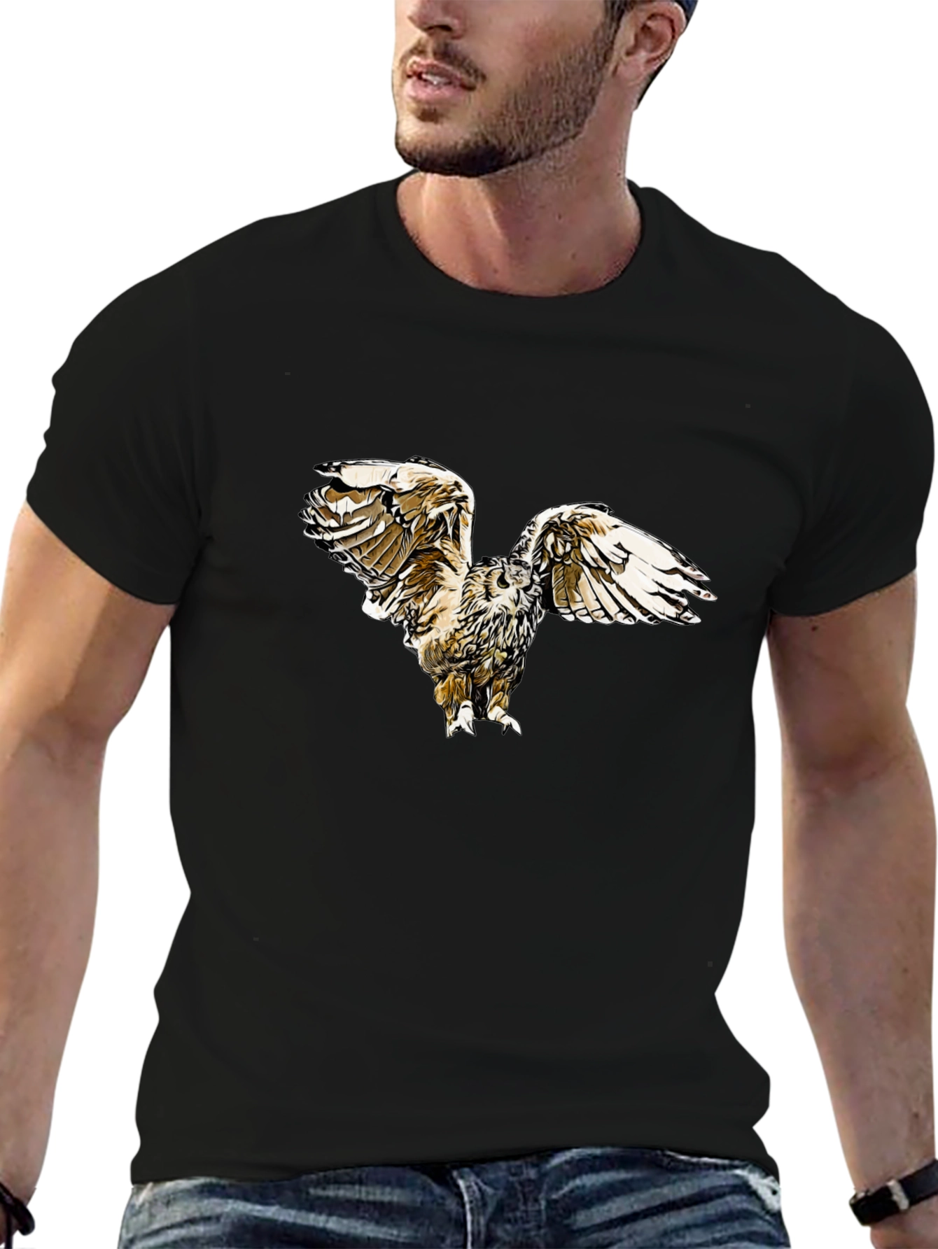 Black Owl Print Black T-Shirt view 6