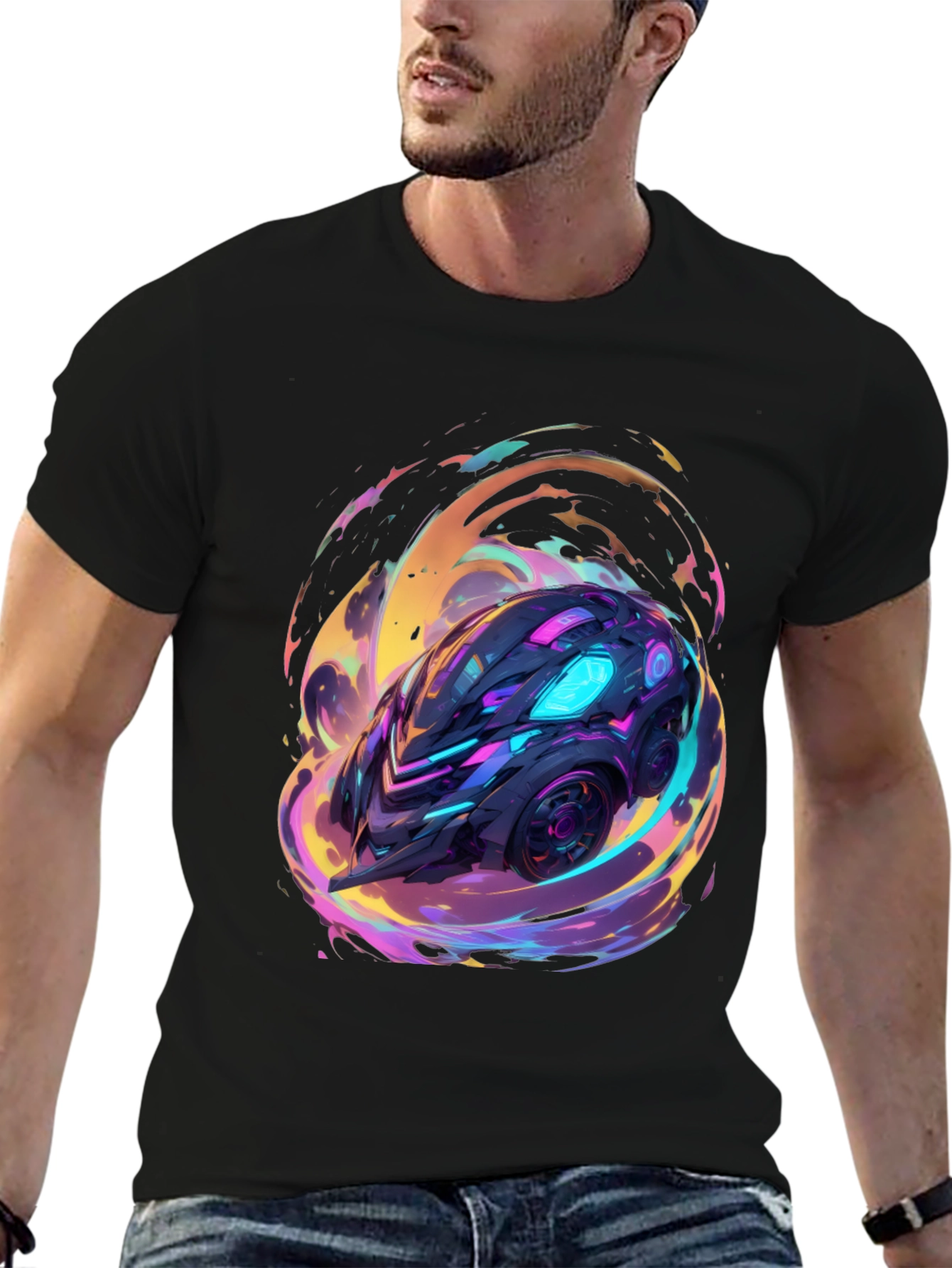 Black Futuristic Car Graphic Tee - Black Cotton Shirt view 6