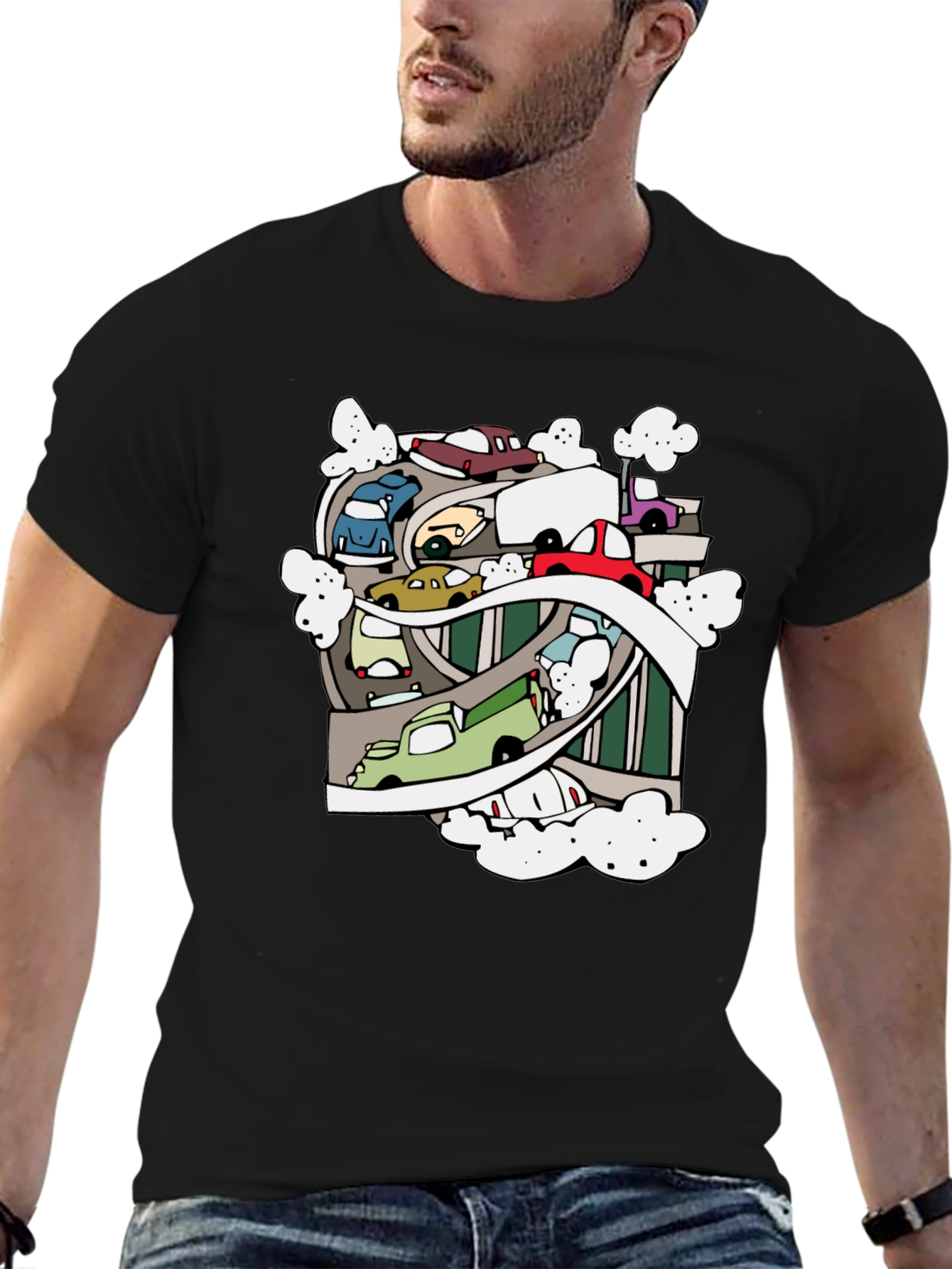 Black Cartoon Cars Graphic Black T-Shirt view 6
