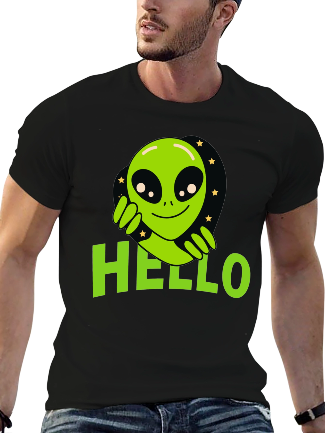 Black Alien Hello T-Shirt - Black Graphic Tee view 6