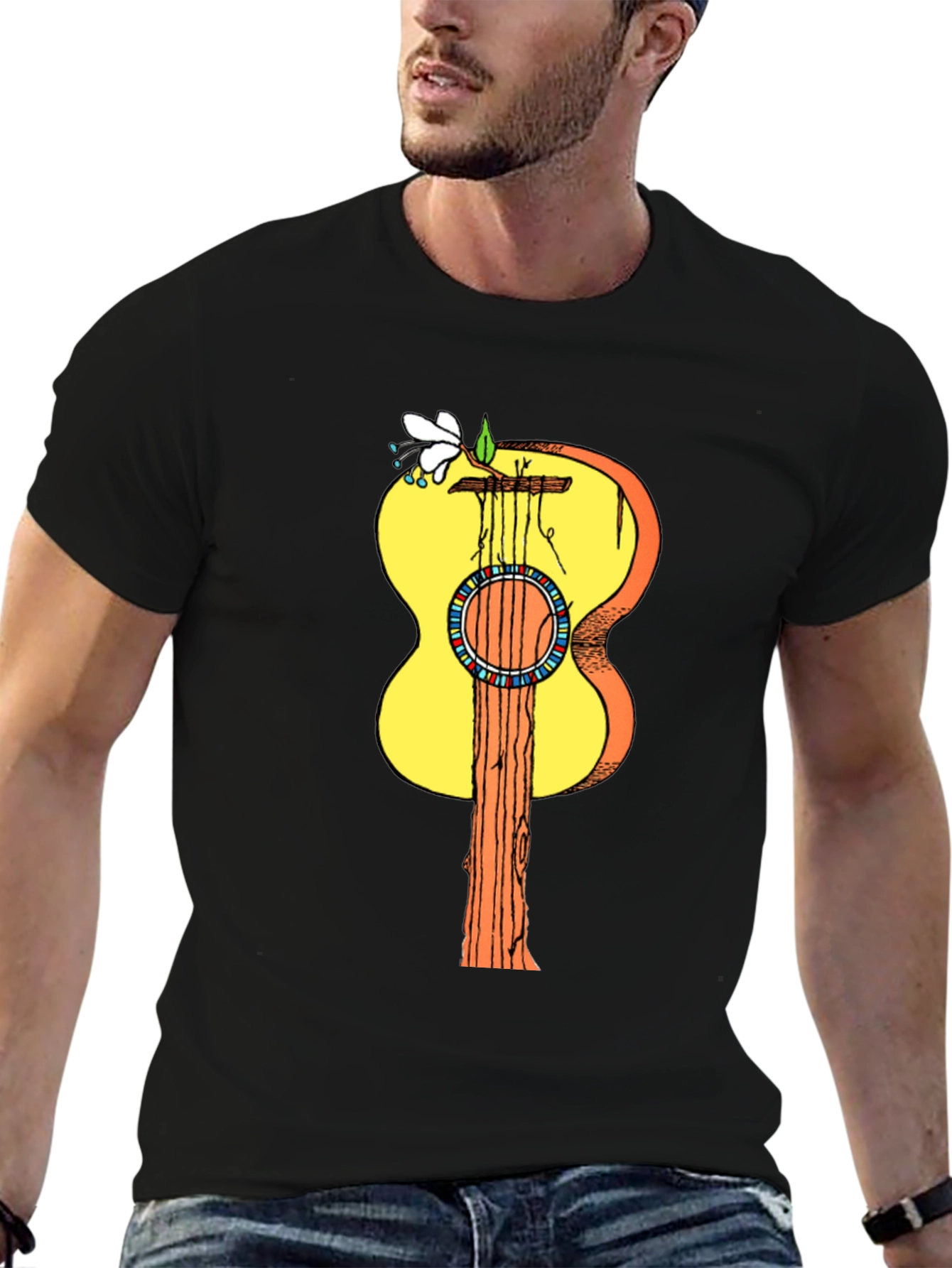 Black Guitar Tree Graphic Tee - Stylish Nature Design view 6