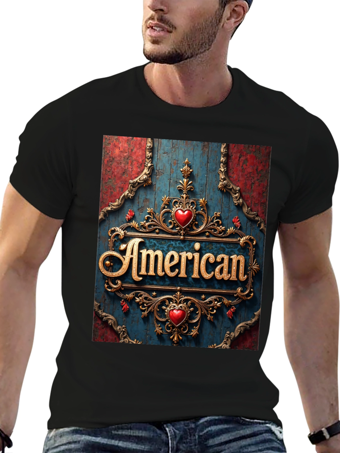 Black American Pride T-Shirt: Ornate Heart Design view 6