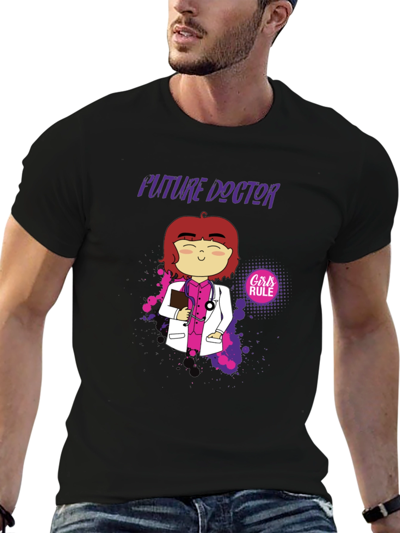 Black Future Doctor Cartoon Graphic T-Shirt view 6
