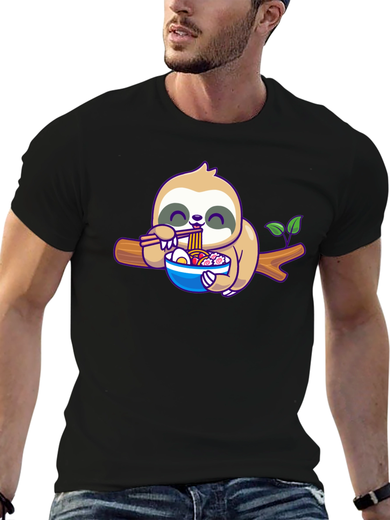 Black Sloth Ramen T-Shirt: Cute Cartoon Animal Tee view 6