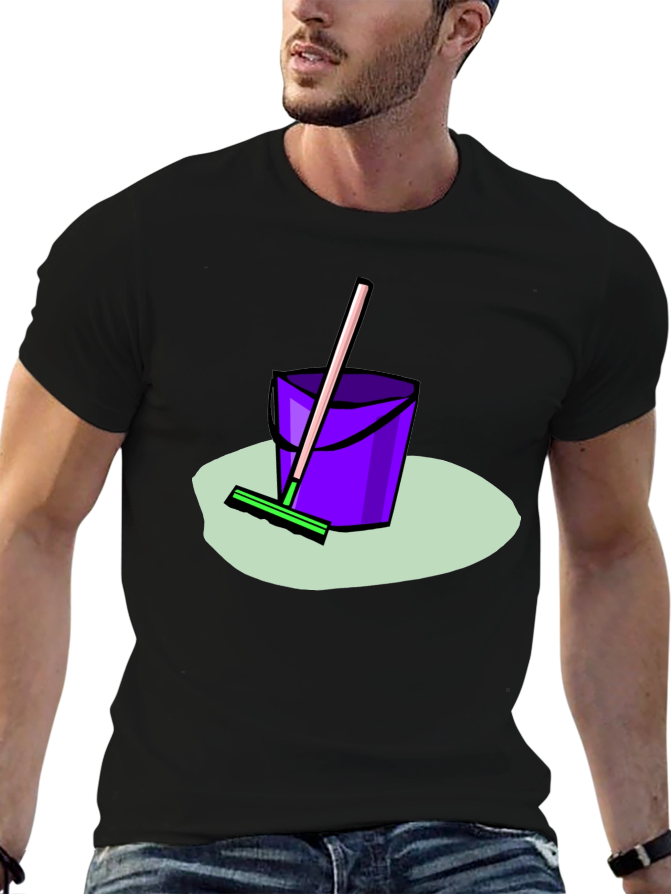 Black Novelty Cleaning Bucket & Mop Graphic Tee - Black view 6