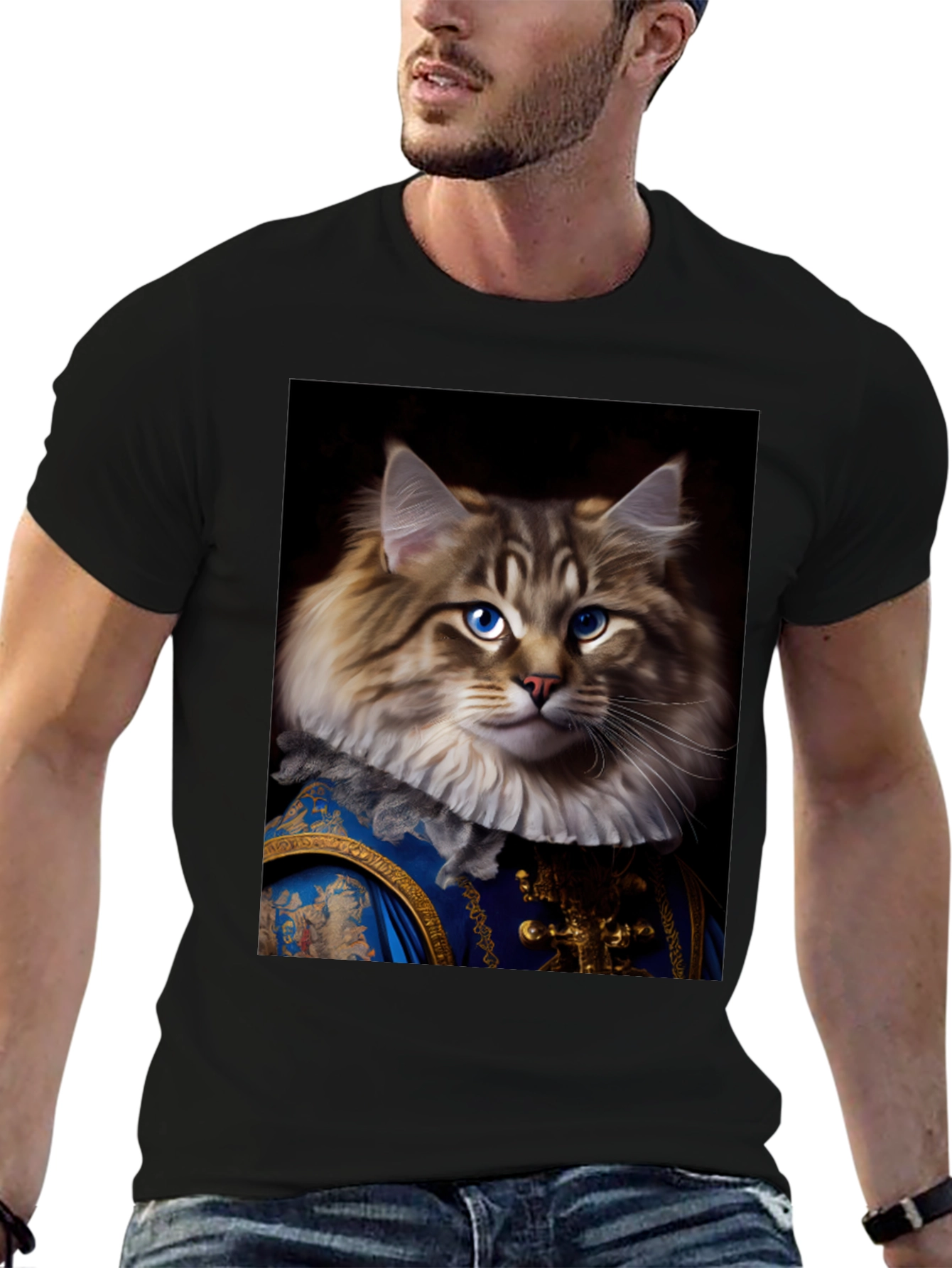 Black Regal Cat Portrait T-Shirt view 6