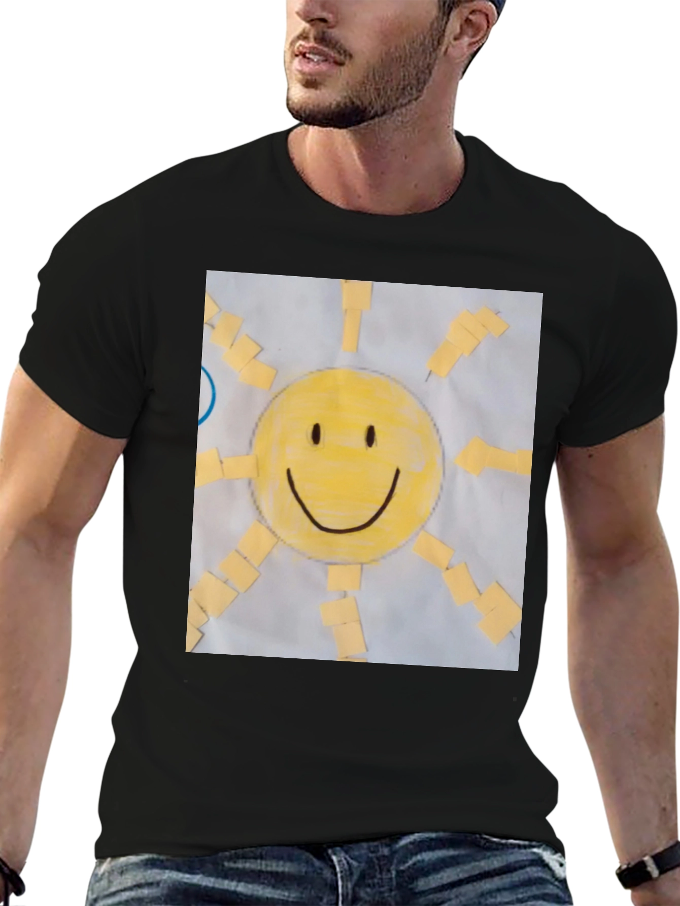 Black Smiley Face Sun Graphic Tee - Cheerful Black T-Shirt view 6
