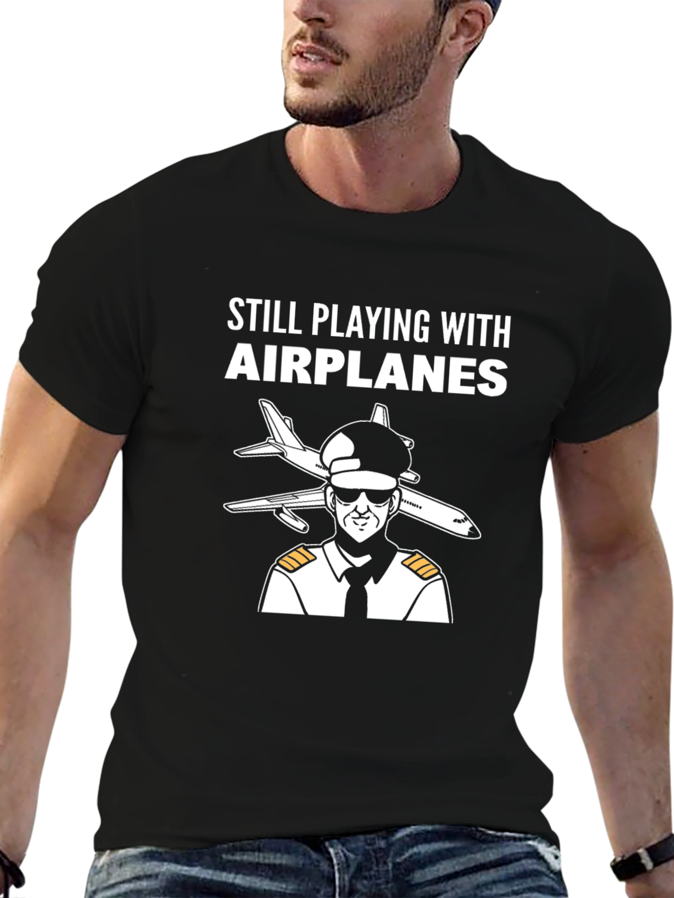 Black Still Playing with Airplanes T-Shirt - Pilot Design view 6