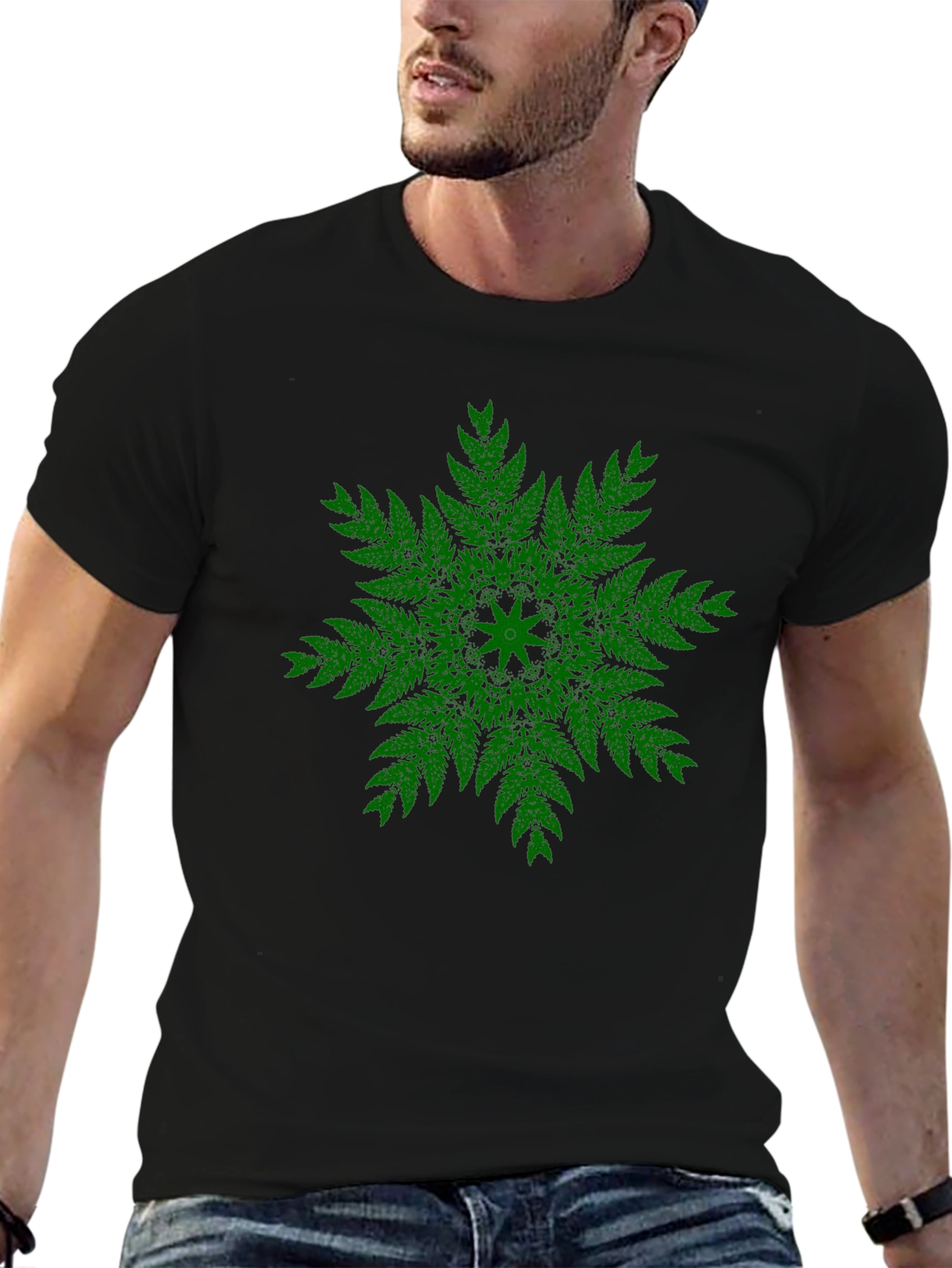Black Green Fern Mandala Black T-Shirt - Unique Design view 6