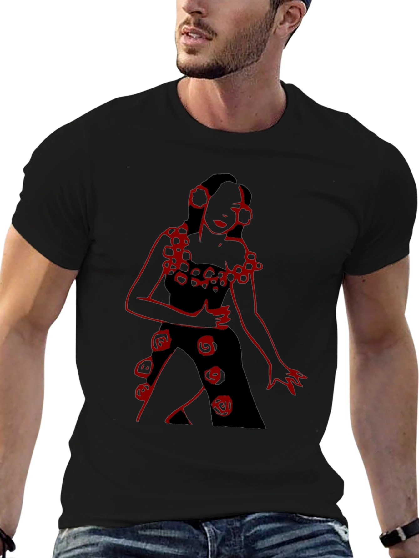 Black Unique Black T-Shirt with Red Rose Lady Design view 6