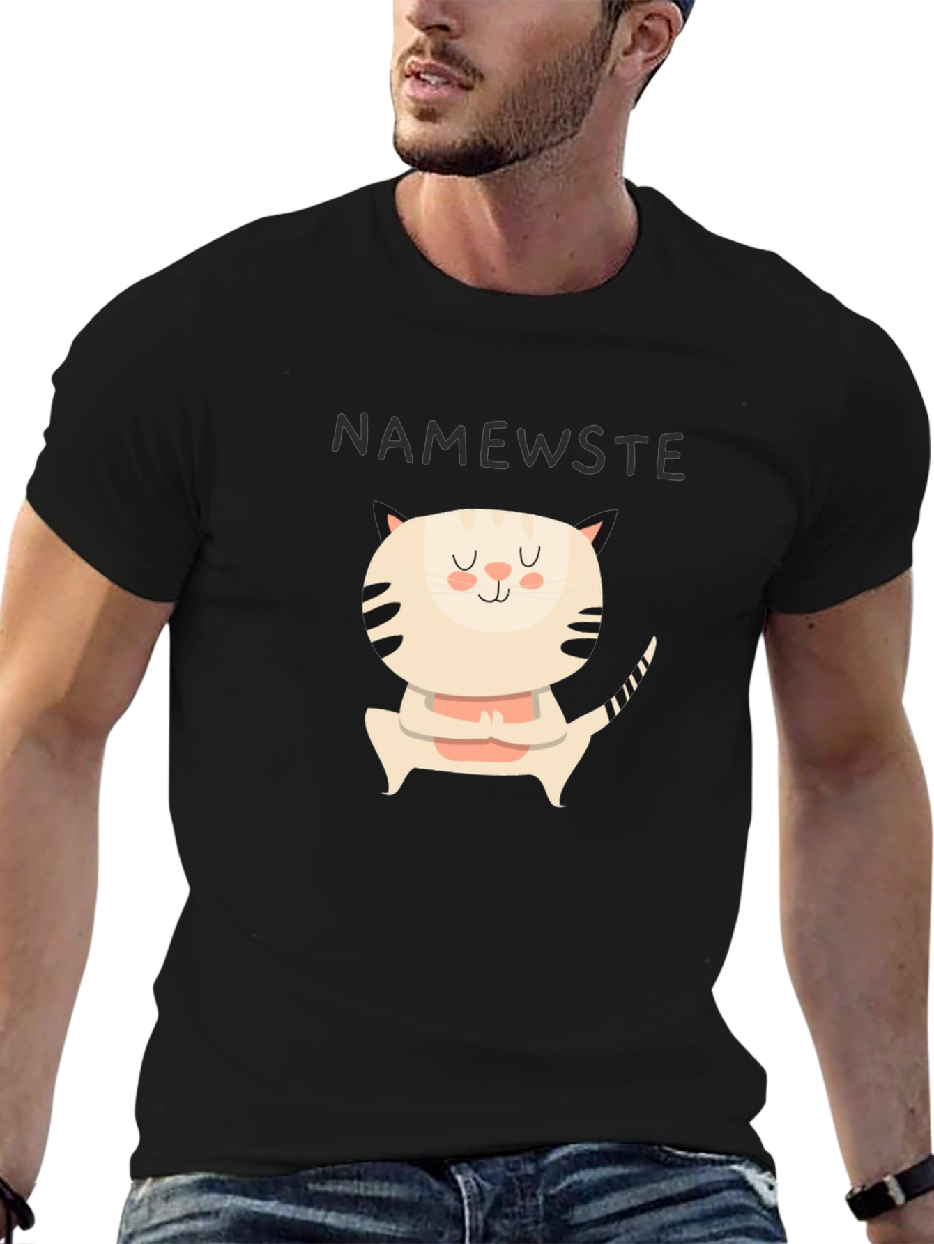 Black Namewste Cat Yoga Black T-Shirt view 6