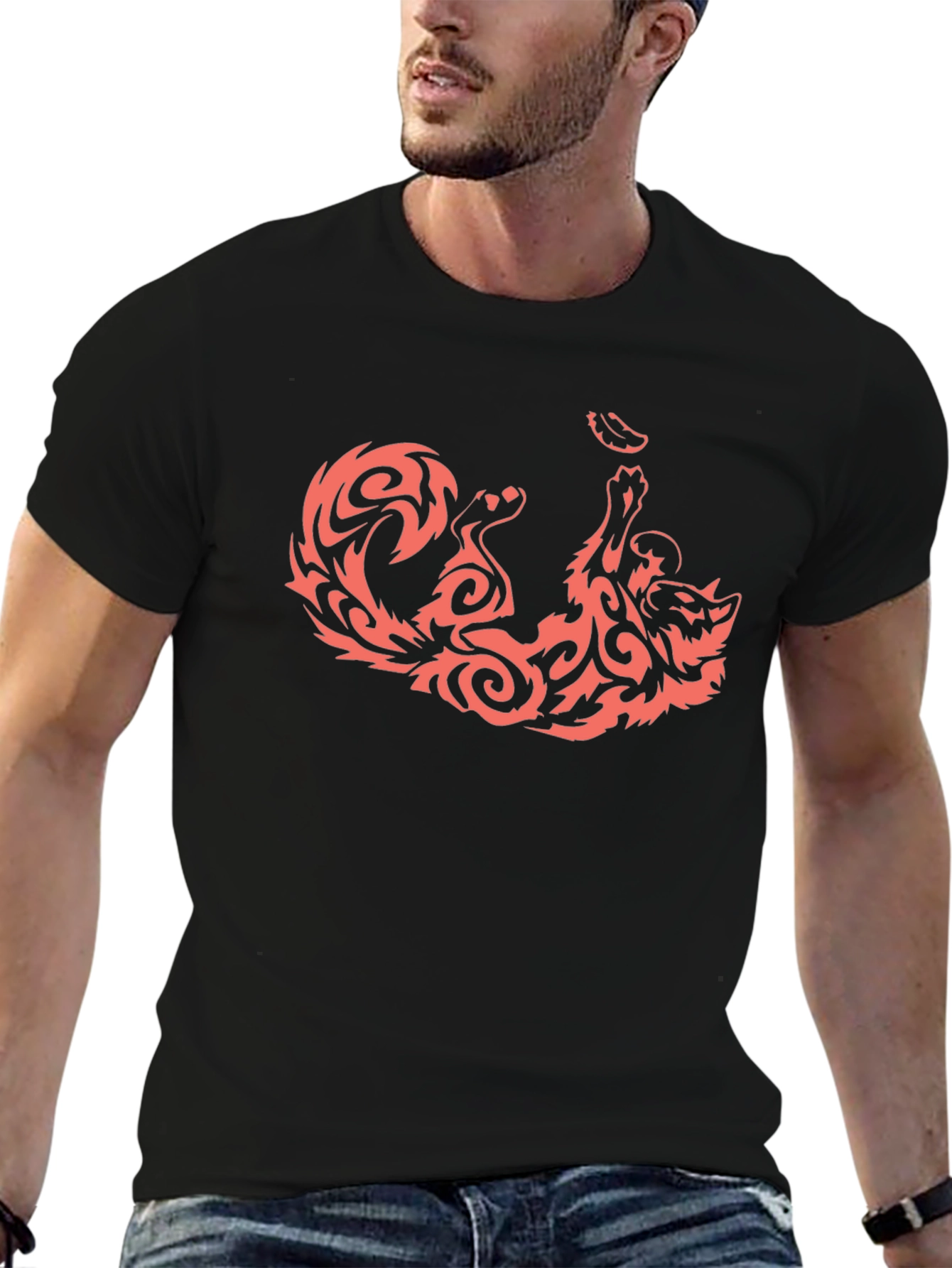 Black Black T-Shirt with Tribal Fox Design view 6