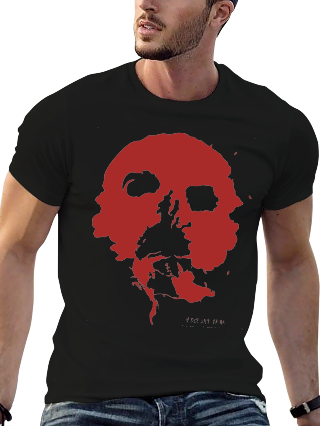 Black Abstract Red Skull Graphic Print Black T-Shirt view 6