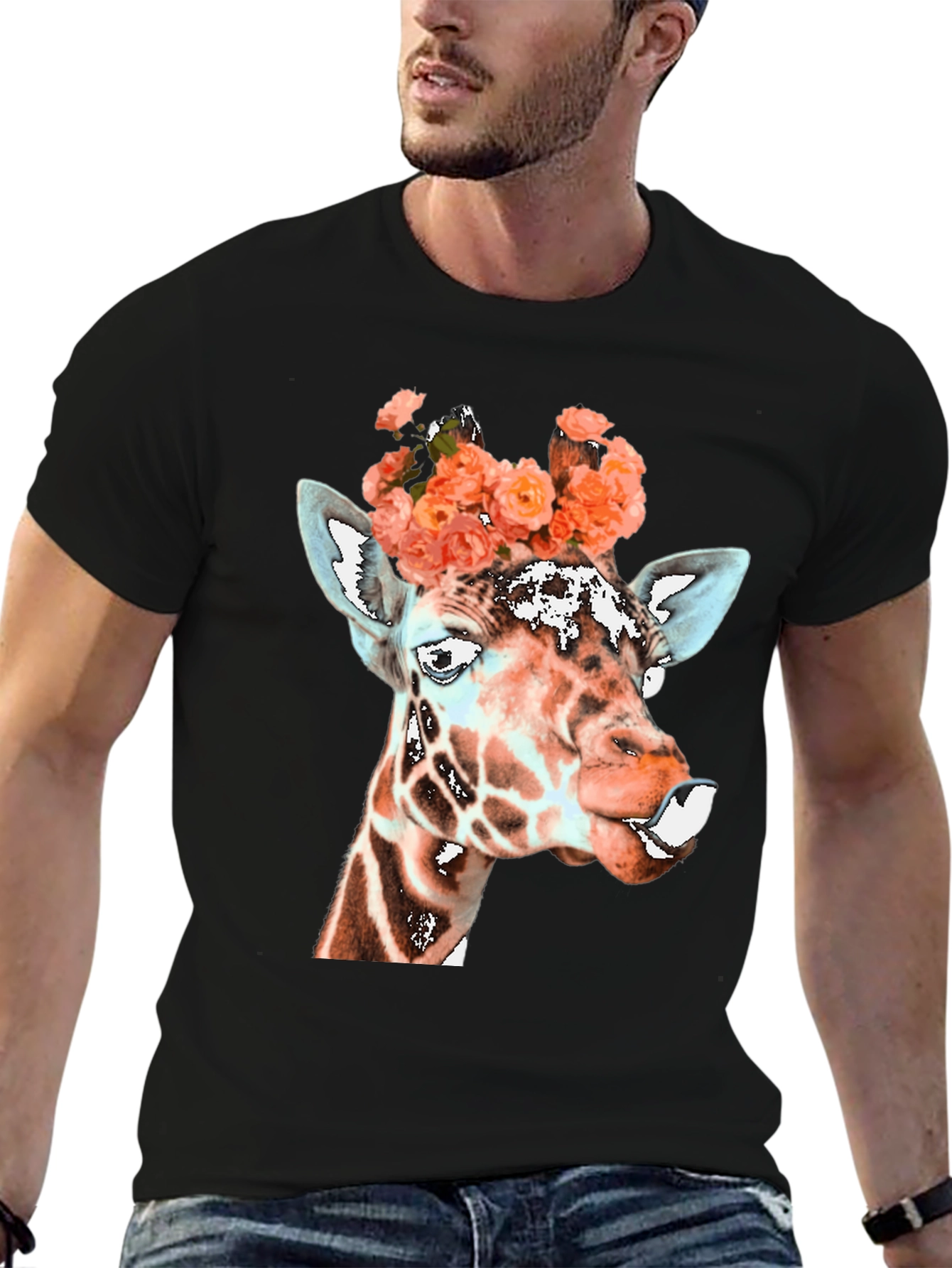 Black Giraffe Floral Crown Graphic Tee - Unique Animal Shirt view 6