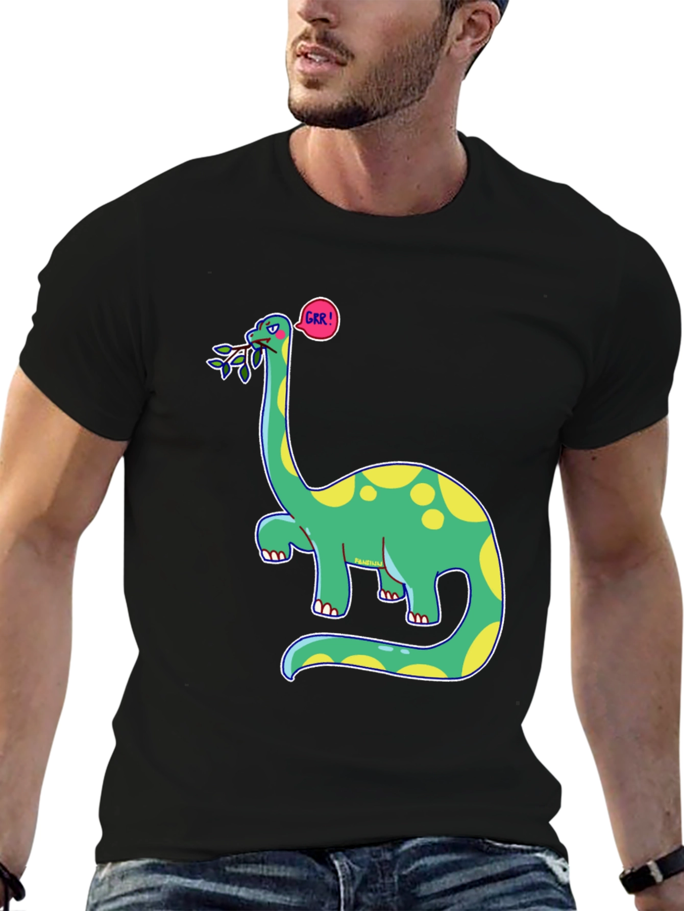 Black Dino GRR! Black T-Shirt - Cartoon Brontosaurus Tee view 6