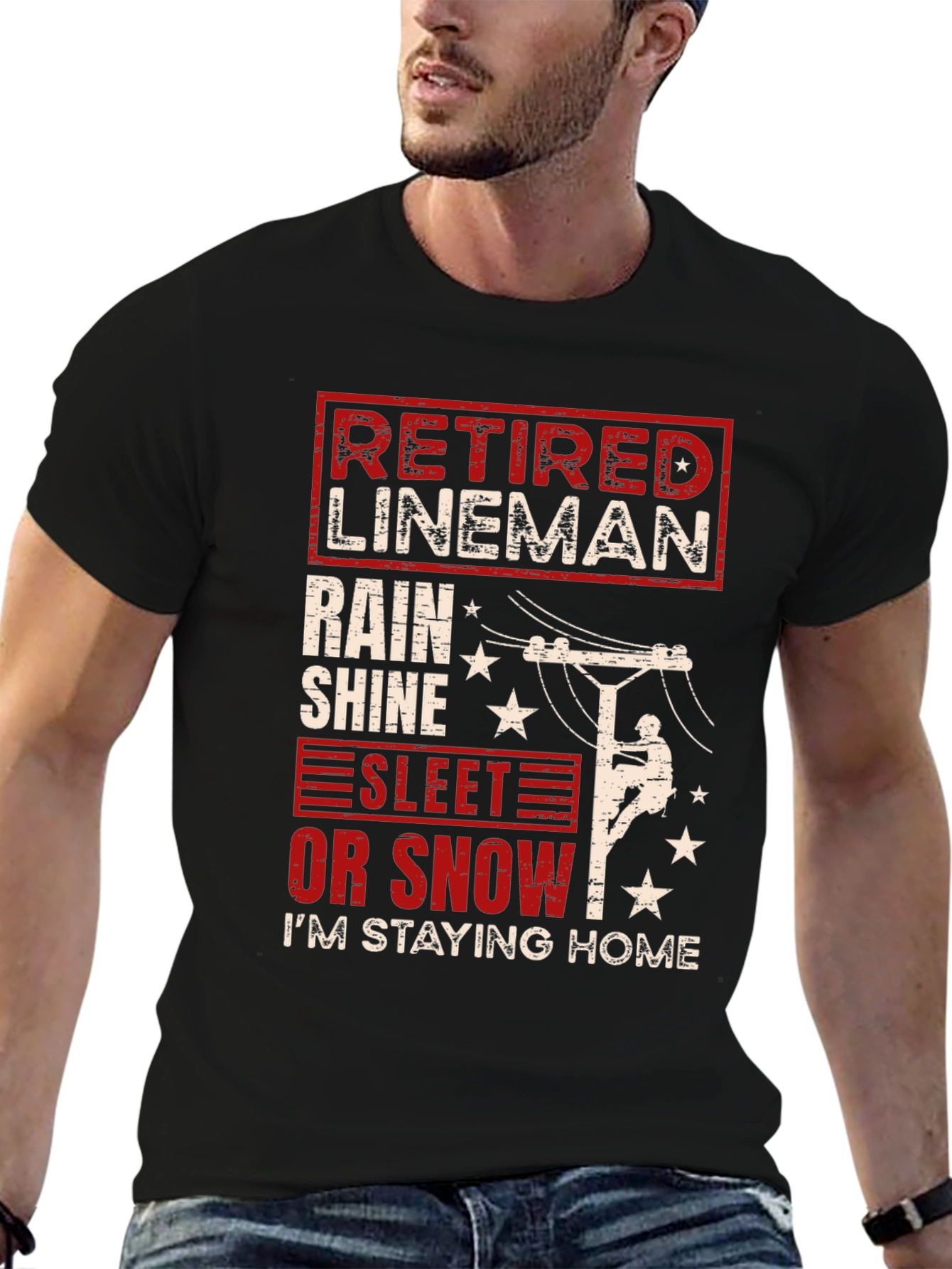 Black Retired Lineman T-Shirt - Stay Home in Style view 6
