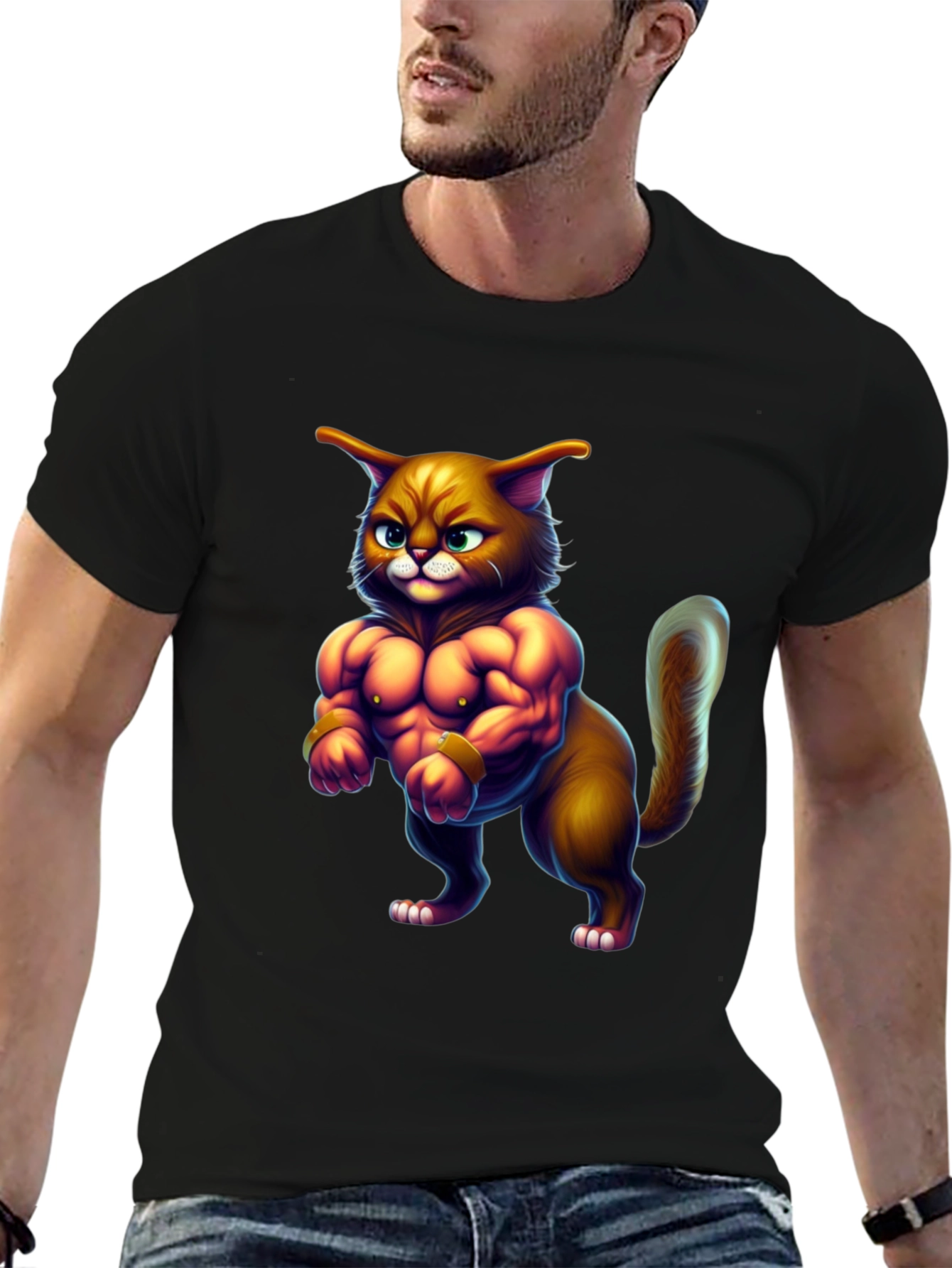 Black Buff Cat Graphic Tee - Funny Gym Cat T-Shirt view 6
