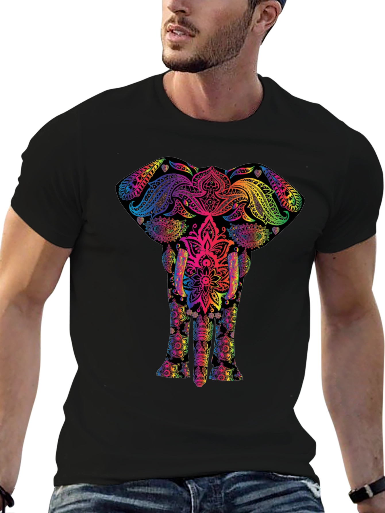 Black Vibrant Elephant Mandala Graphic Tee - Black view 6