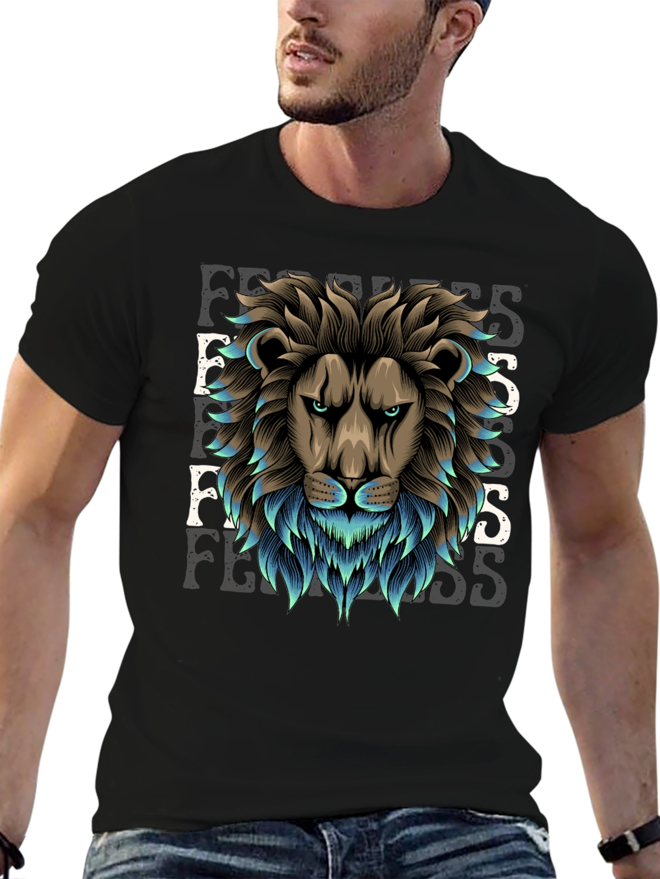 Black Fearless Lion Graphic Print T-Shirt view 6