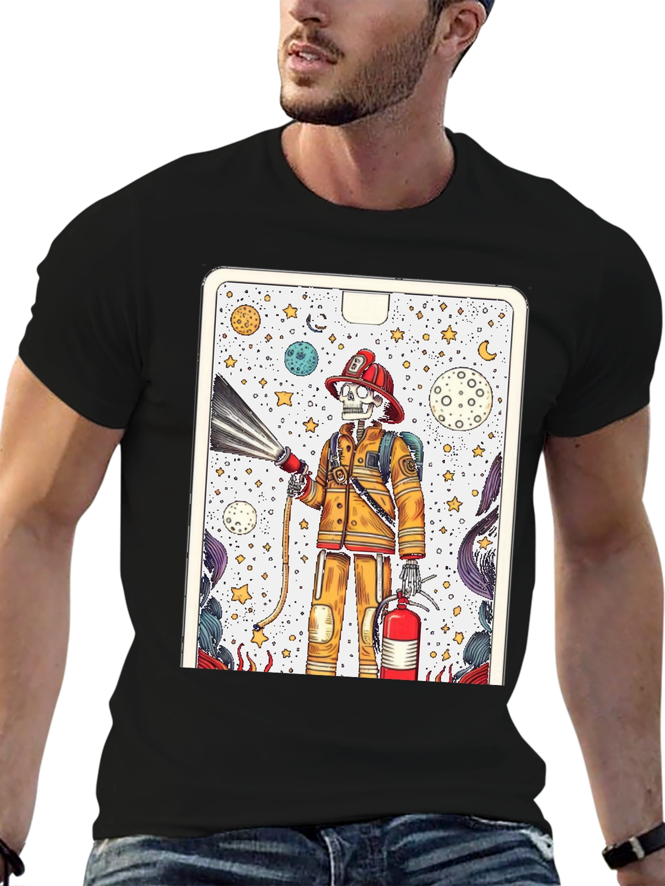 Black Skeleton Firefighter Graphic Tee - Unique Design view 6