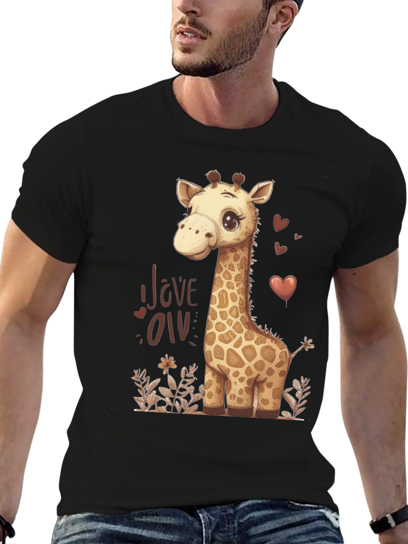 Black Cute Giraffe Love Graphic T-Shirt - Black view 6