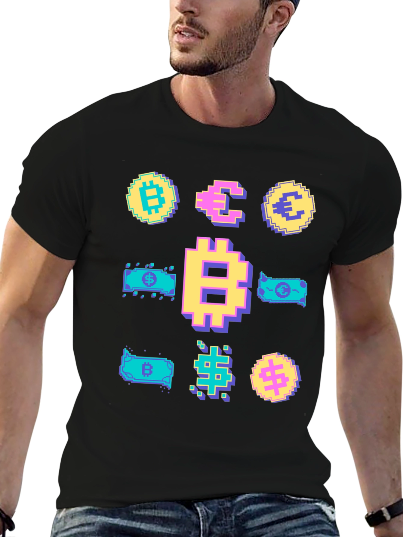 Black Crypto Pixel Art T-Shirt: Bitcoin, Euro, Dollar view 6