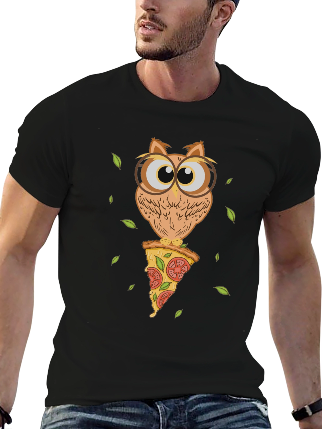 Black Owl Pizza Slice T-Shirt - Unique Graphic Tee view 6