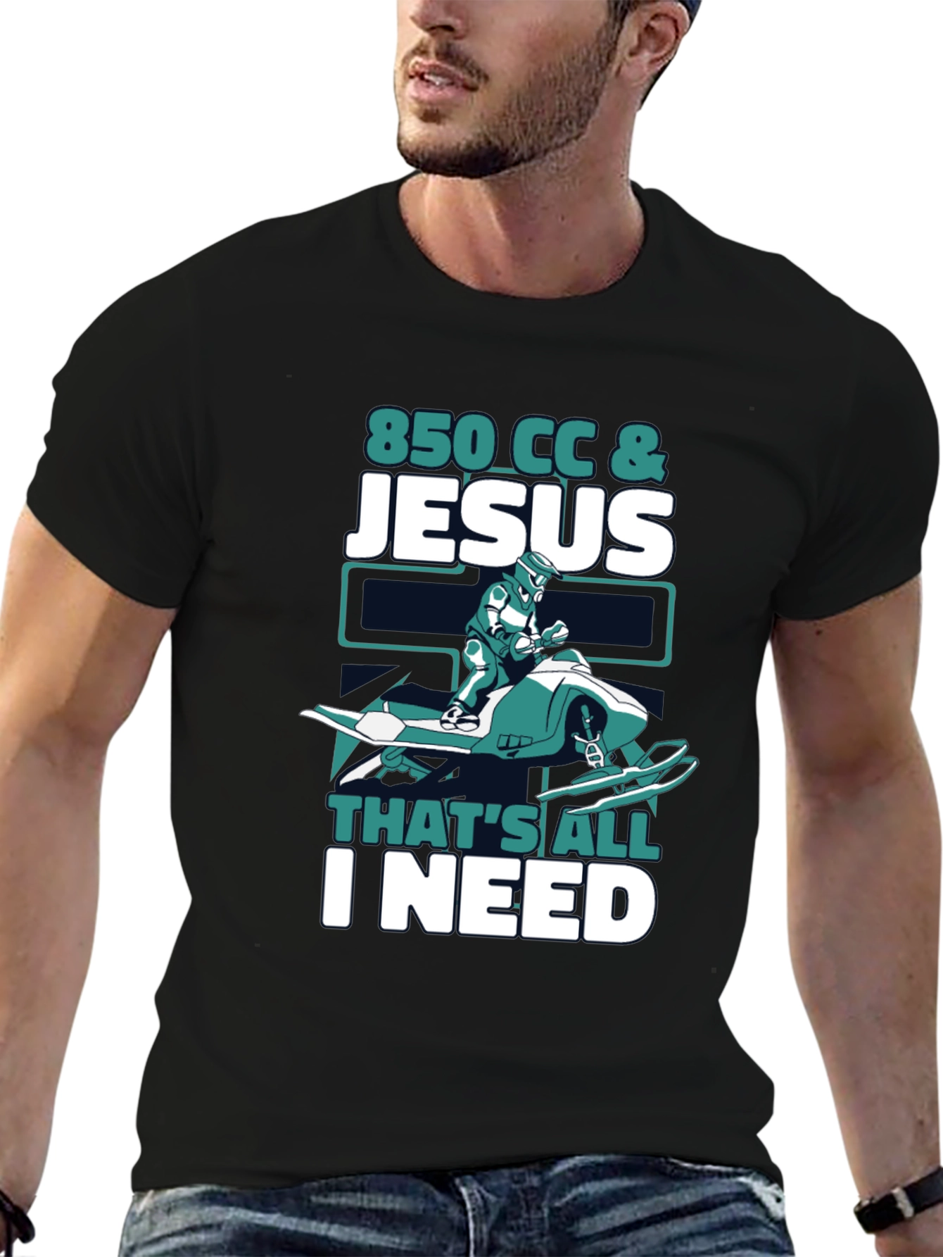Black 850 CC & Jesus T-Shirt - Snowmobile Graphic Tee view 6