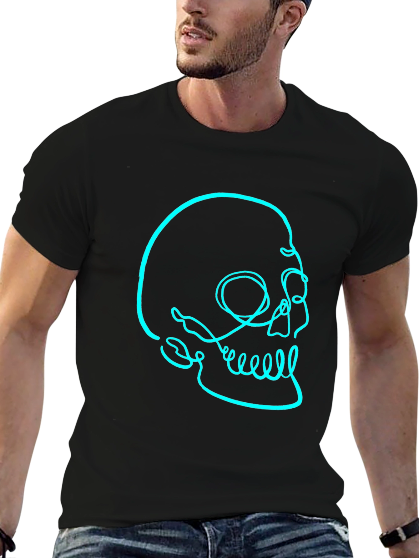 Black Men's Black T-Shirt with Skull Graphic view 6