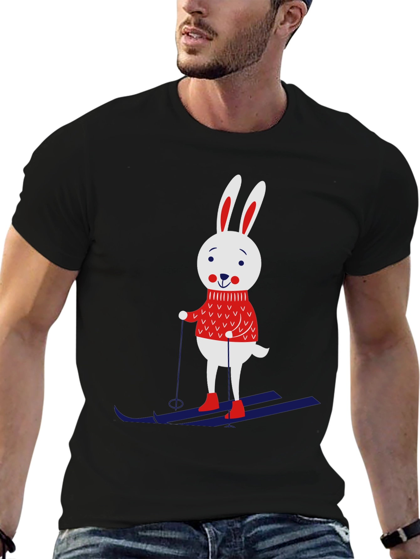 Black Skiing Rabbit Graphic Tee - Black Cotton T-Shirt view 6