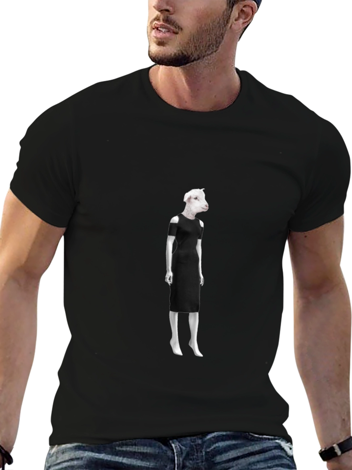Black Novelty Sheep in Dress Graphic Black T-Shirt view 6