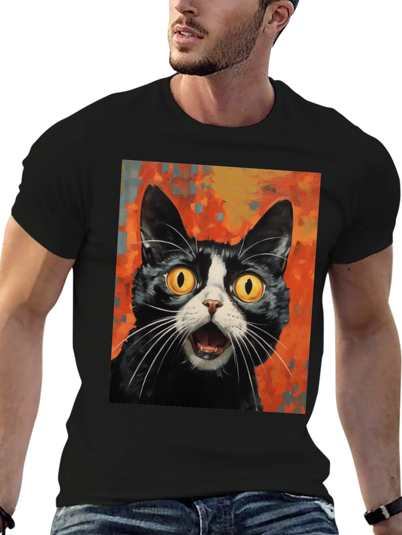 Black Shocked Cat Graphic Tee - Black Cotton T-Shirt view 6