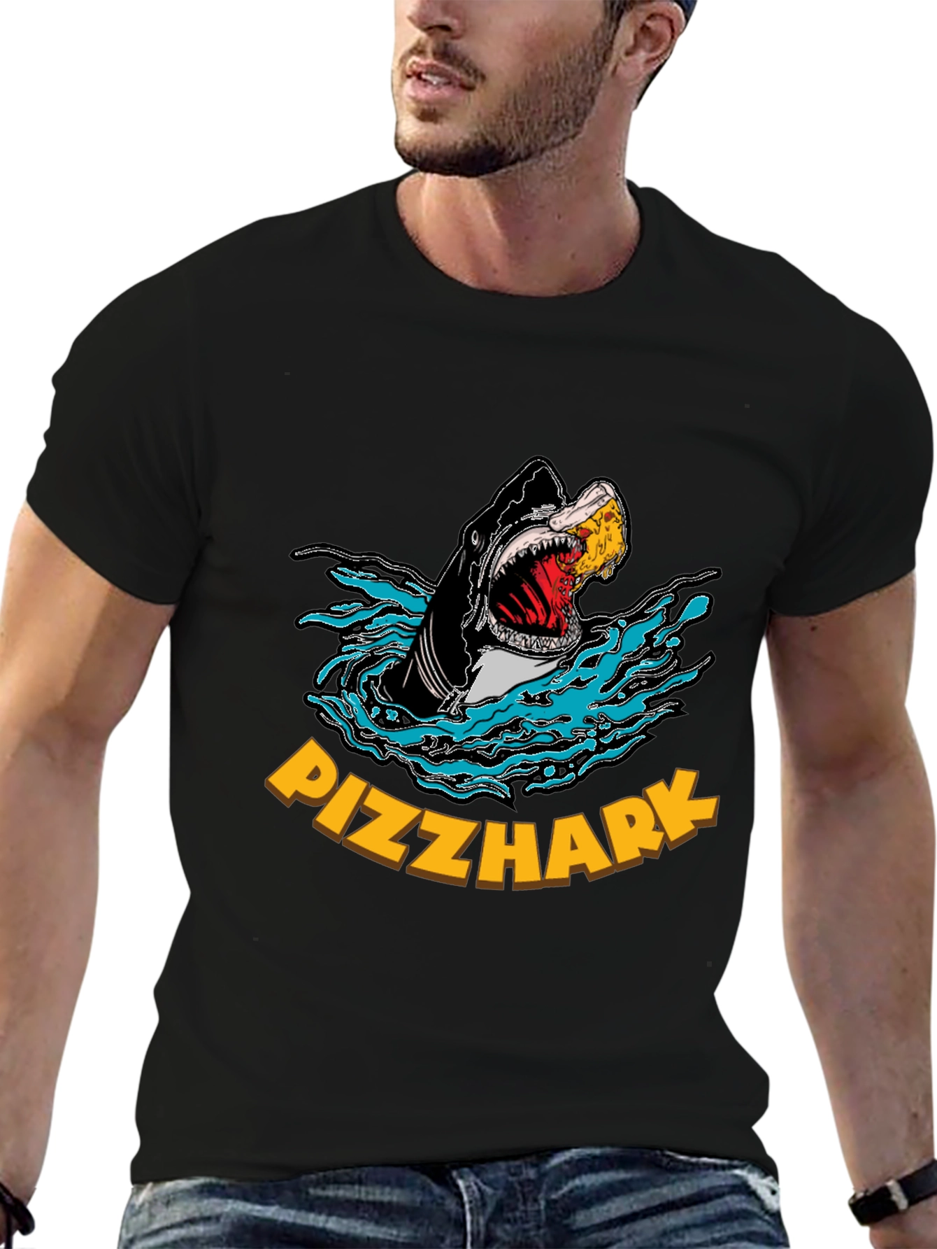 Black Pizza Shark Graphic T-Shirt - Funny Tee view 6
