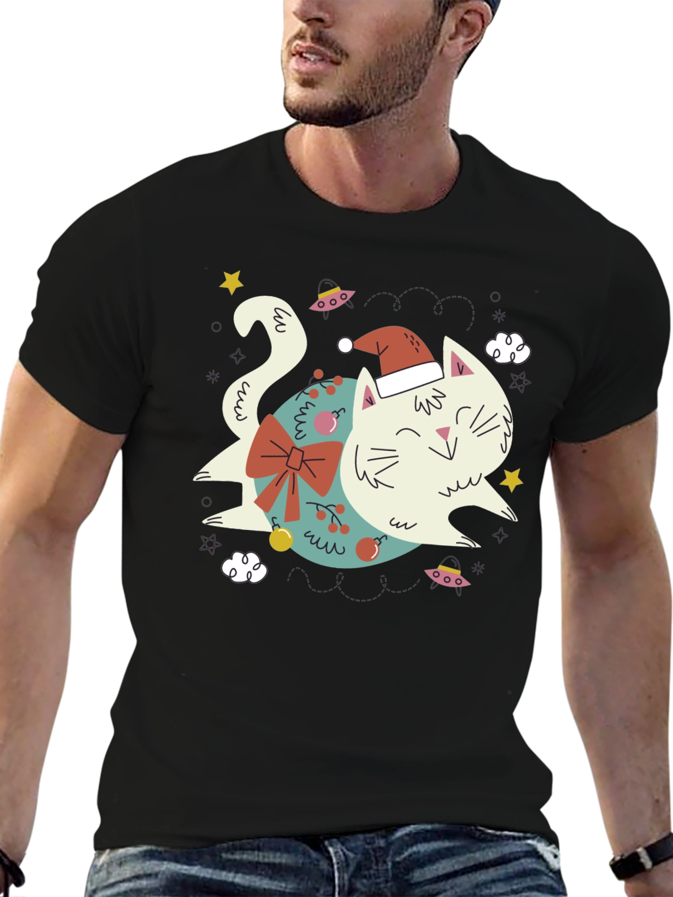 Black Festive Cat T-Shirt - Holiday Graphic Tee view 6