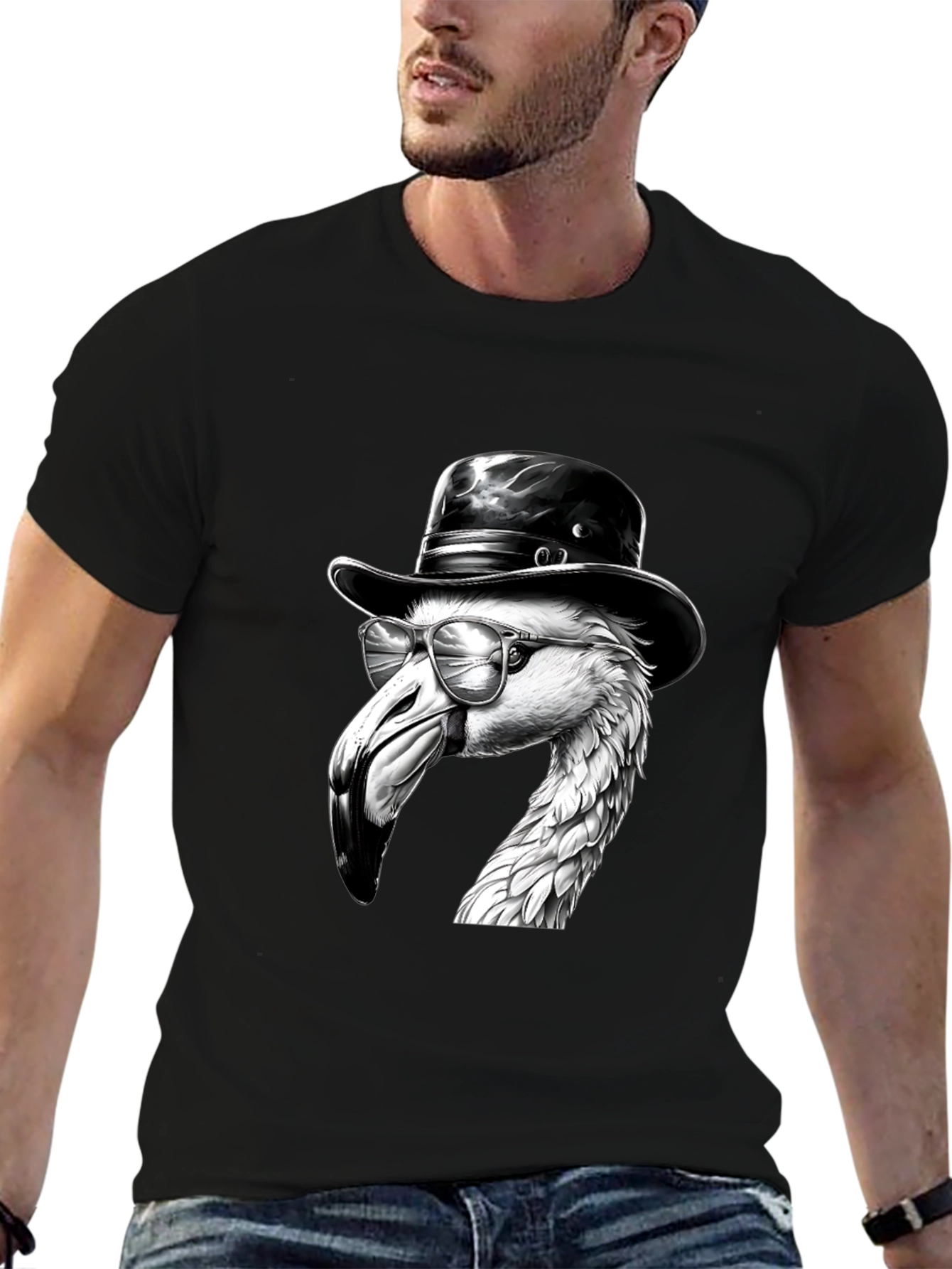 Black Flamingo Fedora Tee - Cool Bird Graphic T-Shirt view 6