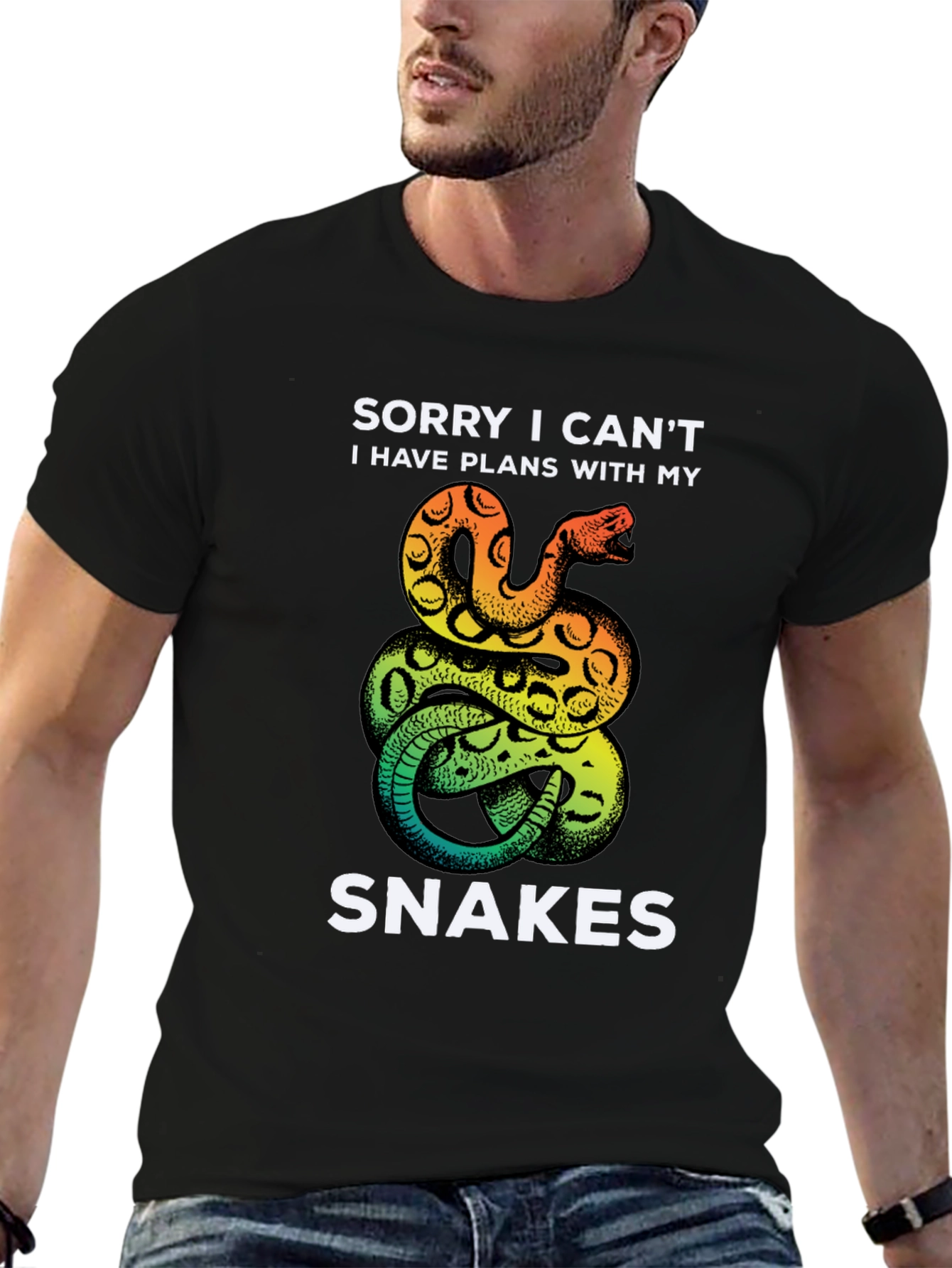 Black Funny Snake T-Shirt: Sorry I Can't, Snake Lover Tee view 6