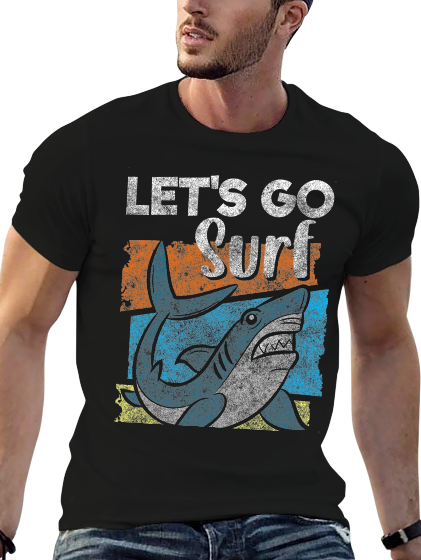 Black Let's Go Surf Shark Graphic Tee - Black view 6