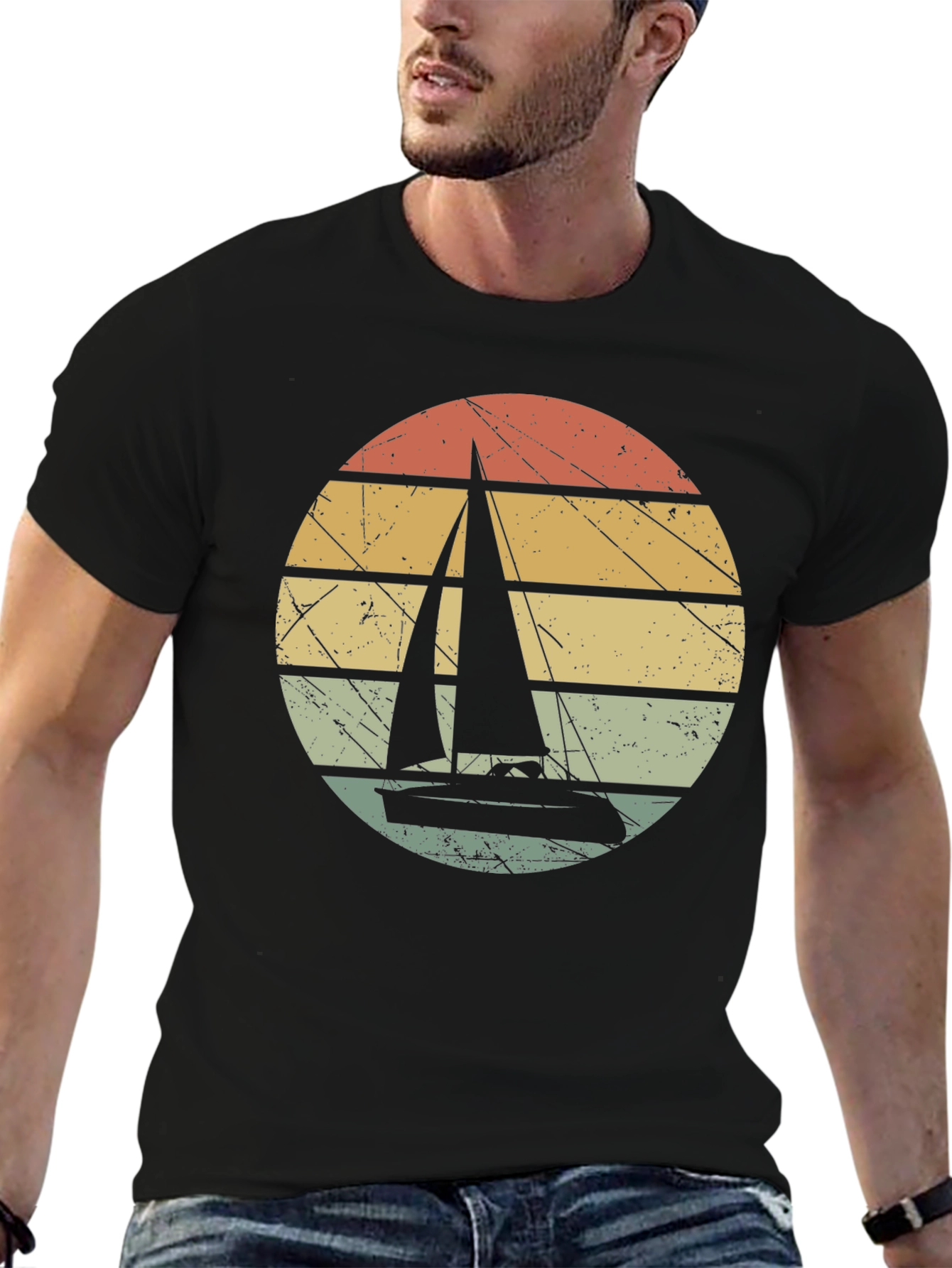 Black Vintage Sunset Sailboat Graphic T-Shirt view 6