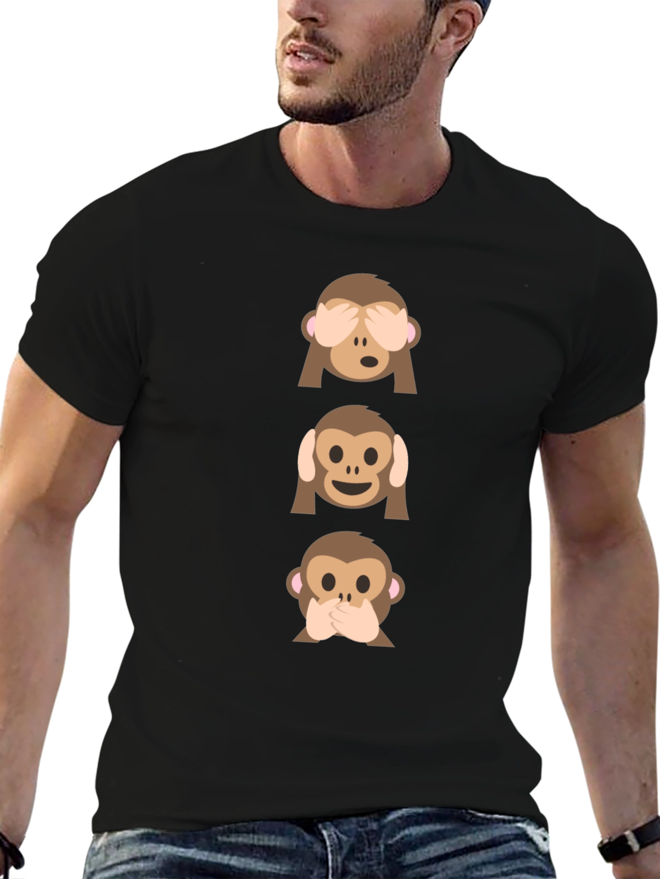 Black Hear See Speak No Evil Monkey Emoji Graphic Tee view 6