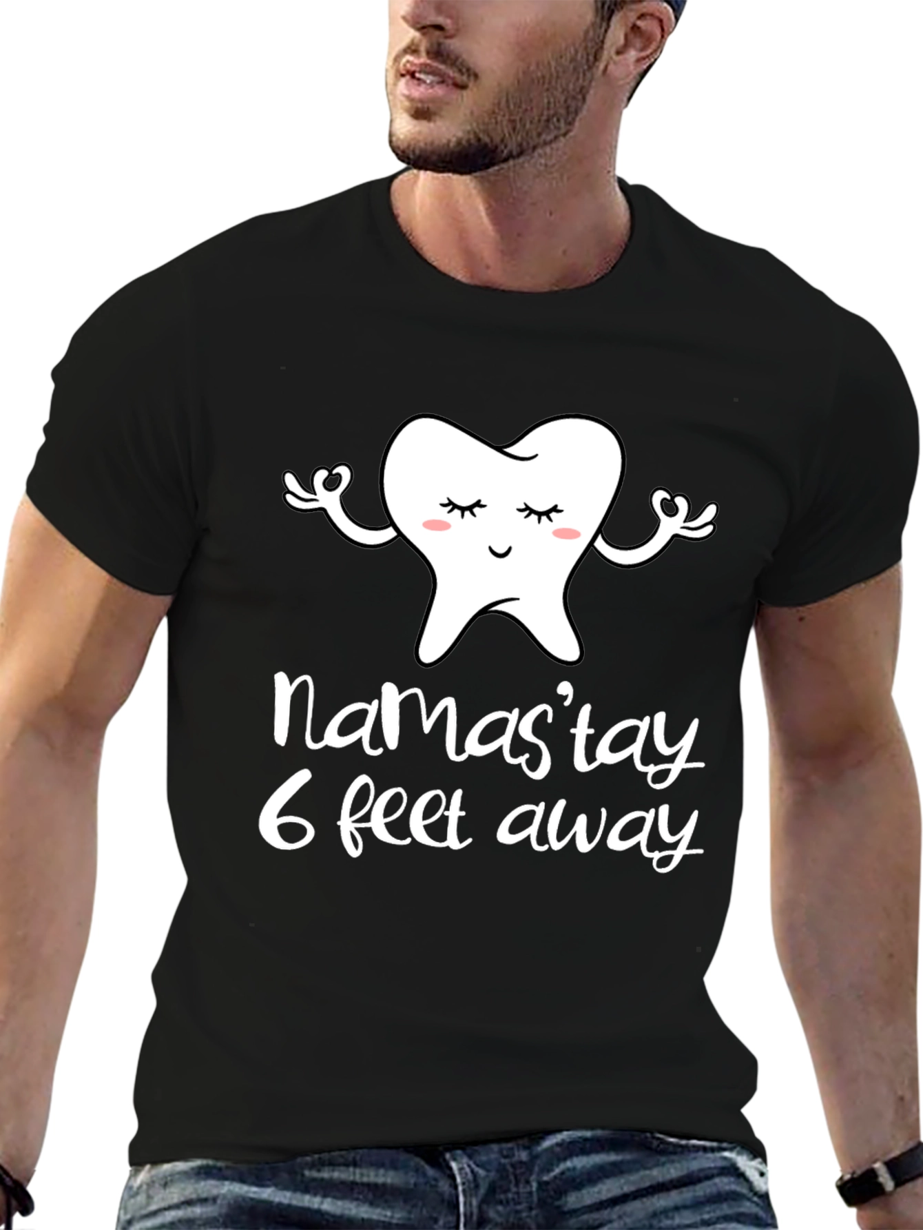 Black Namast'ay 6 Feet Away Funny Tooth Graphic Tee view 6
