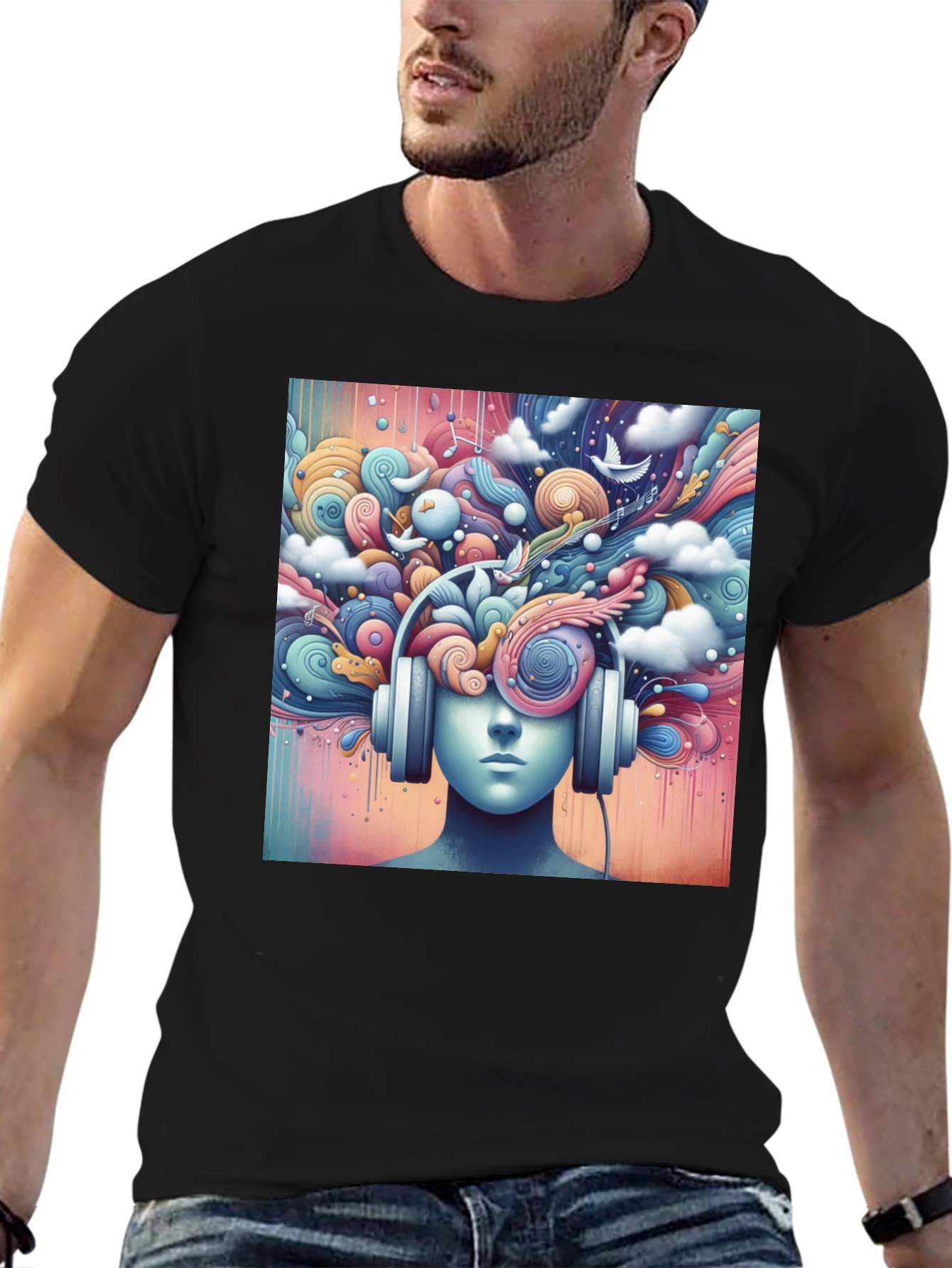 Black Mindful Music Tee - Artistic Headphone Design view 6