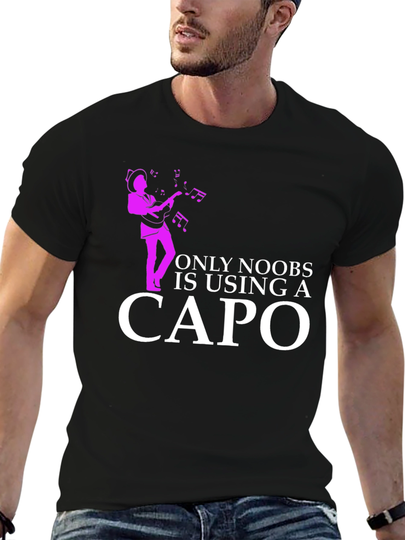 Black Funny Musician T-Shirt - Only Noobs Use A Capo view 6