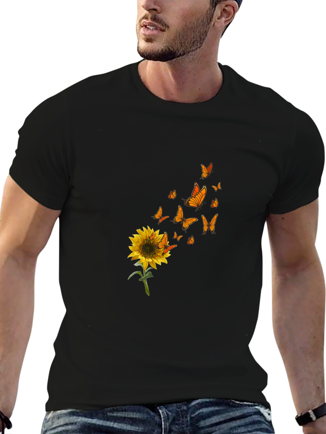 Black Sunflower Butterfly Graphic Black T-Shirt view 6