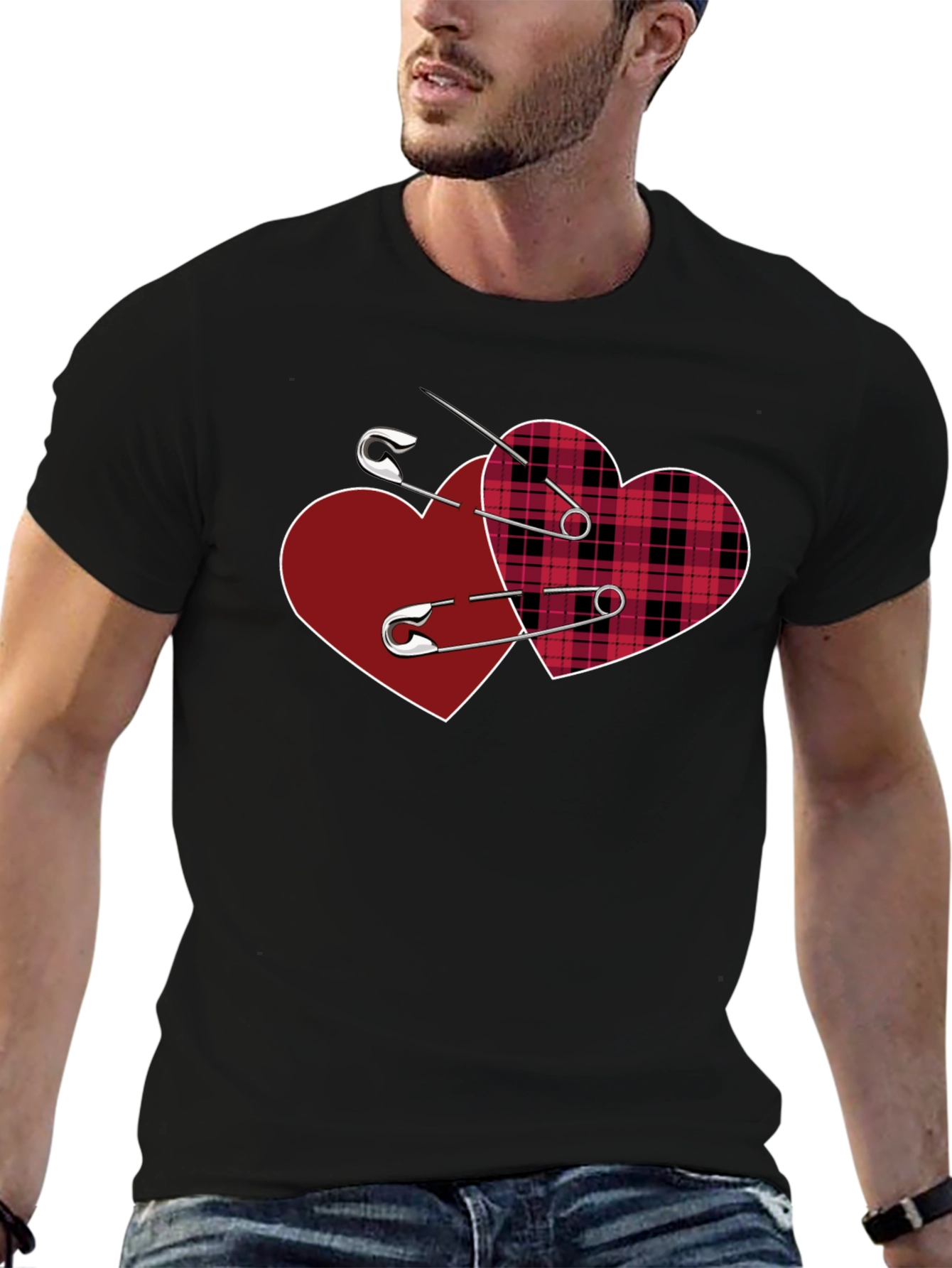 Black Safety Pin Hearts Graphic Tee - Edgy Valentine's Style view 6