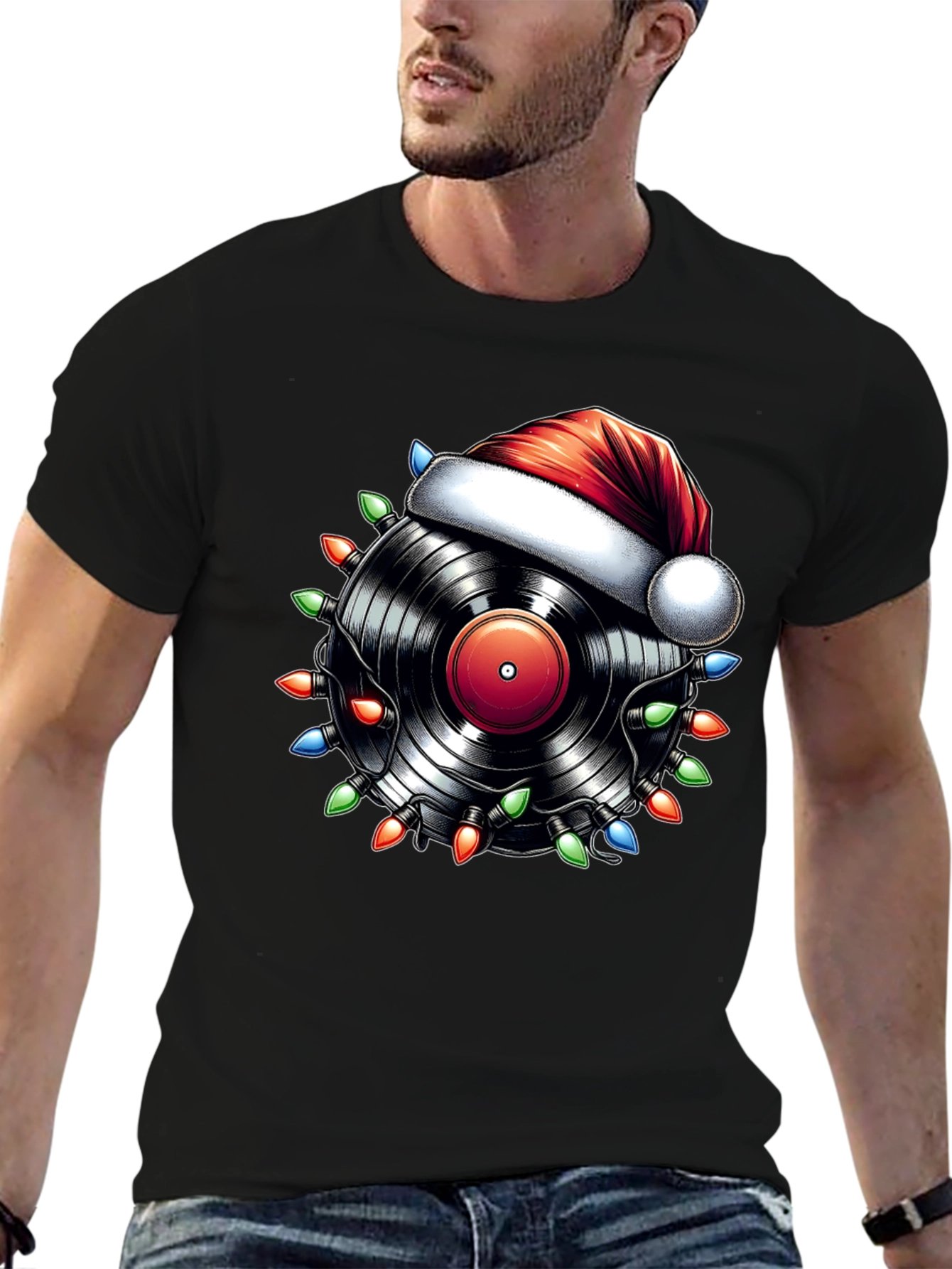 Black Festive Vinyl Record Santa Hat T-Shirt view 6