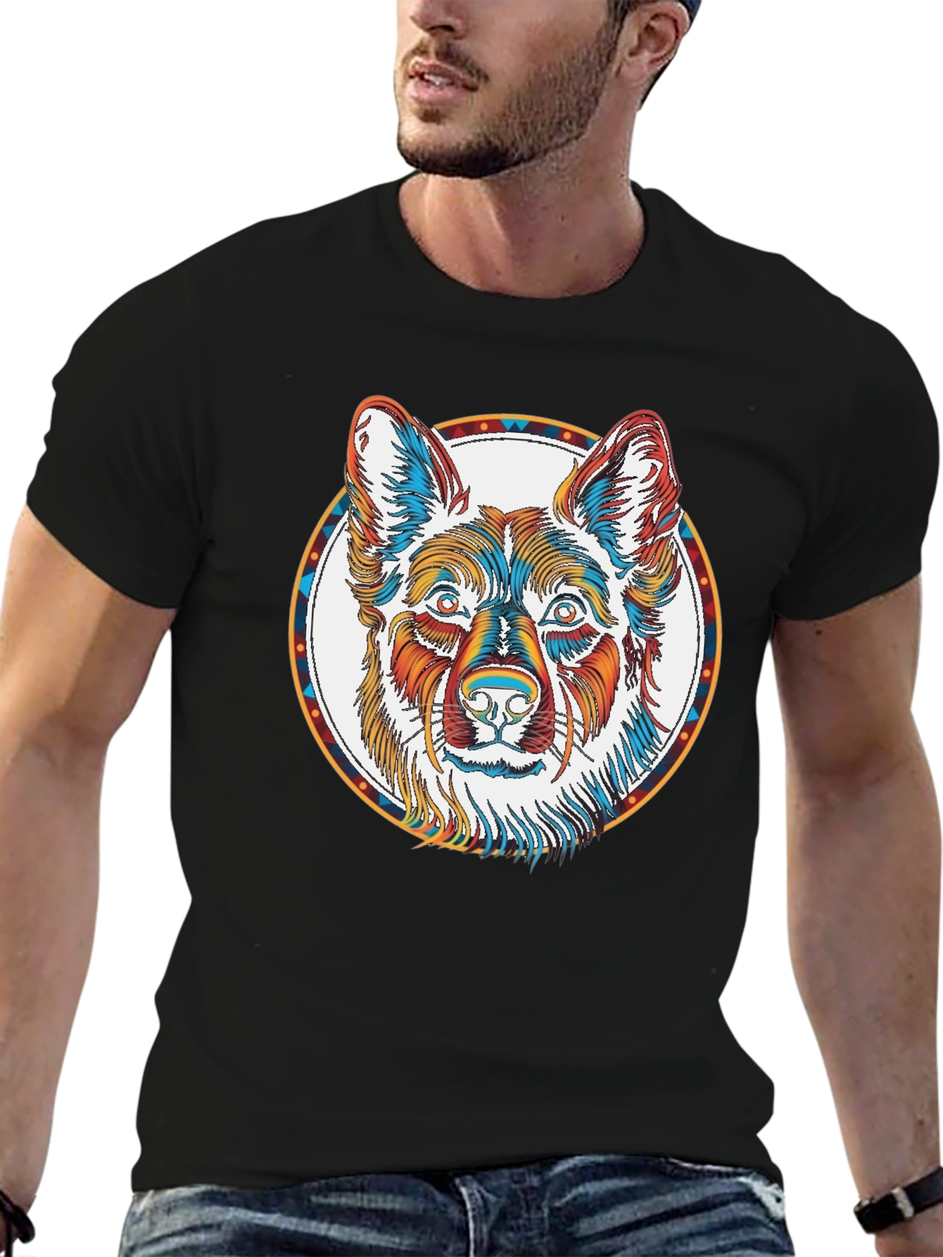Black Colorful Dog Graphic Tee - Modern Crew Neck T-Shirt view 6